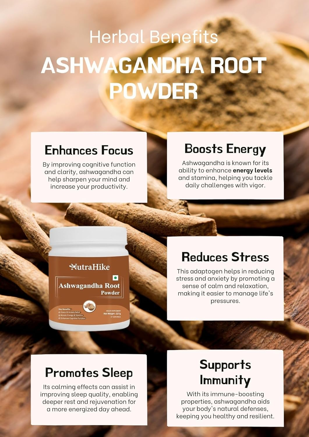 Nutrahike Organic Ashwagandha Root Powder 227G &ndash; Natural Stress Relief, Boosts Energy & Immunity, Supports Mental Clarity & Relaxation, Adaptogenic Superfood for Wellnes image number 2