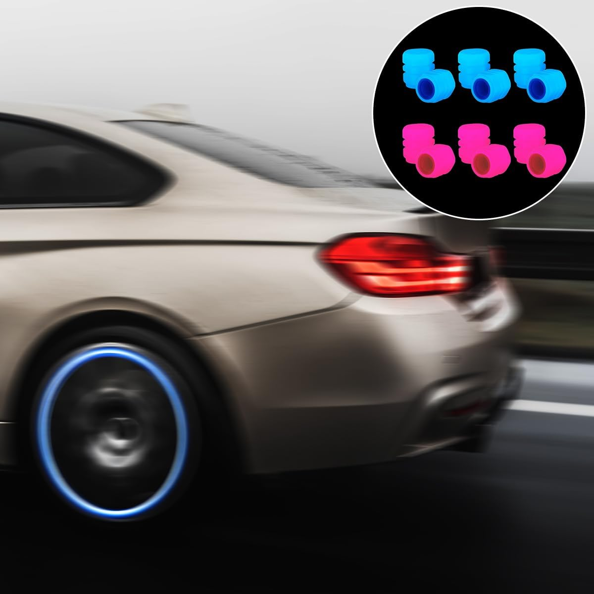BEZANU Tire Valve Stem Caps, 12 Pcs Universal Luminous Car Tire Air Caps Cover for SUV, Car, Truck, Motorcycles, Bike (Blue and Pink) image number 1