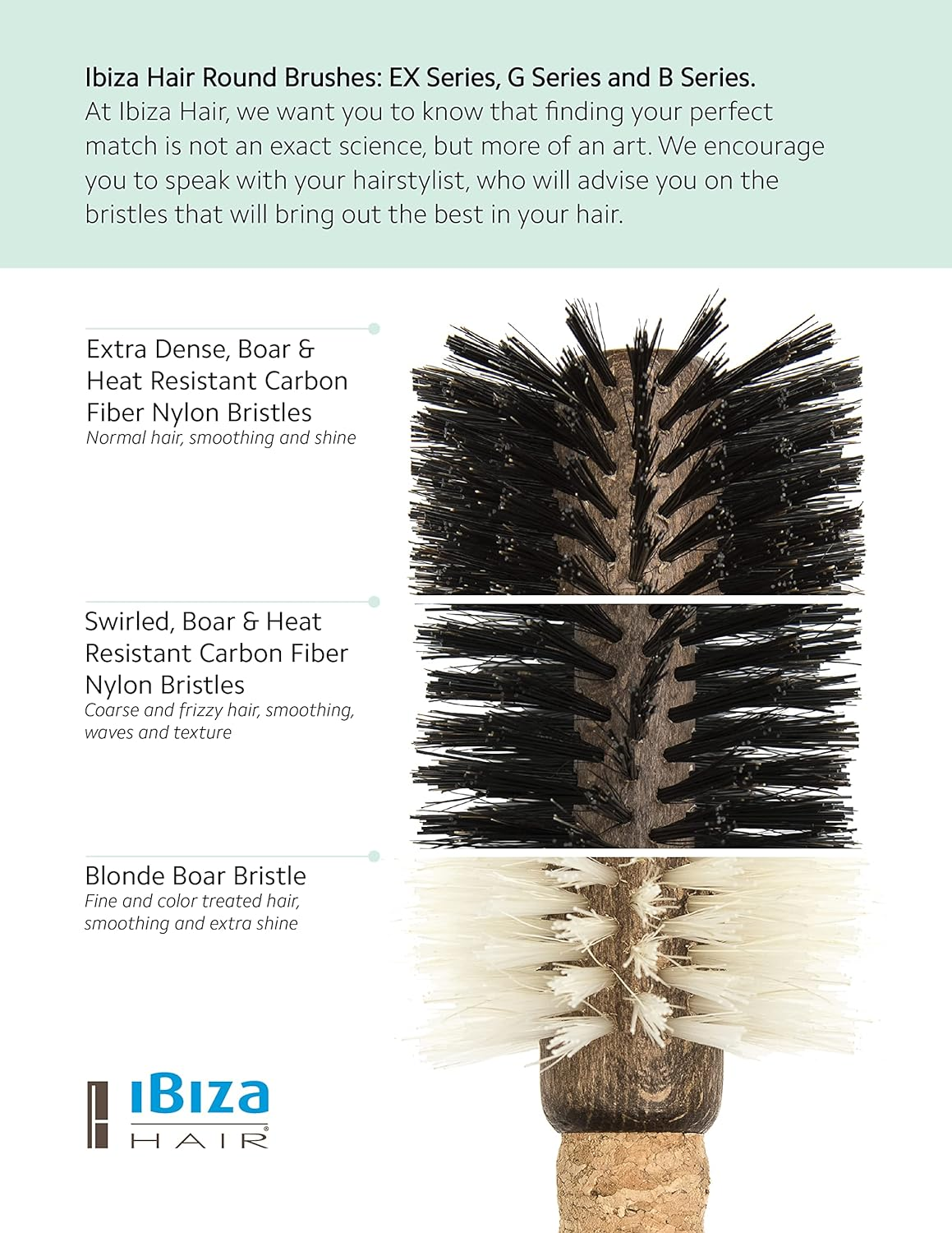 Ibiza Hair round Boar Bristle Brush (G3-55Mm) | Hybrid Boar & Carbon Fiber Nylon Bristles with Cork Handle | Ideal for Beachy Waves & Curls | Adds Texture & Shine for Medium to Long Styles image number 2