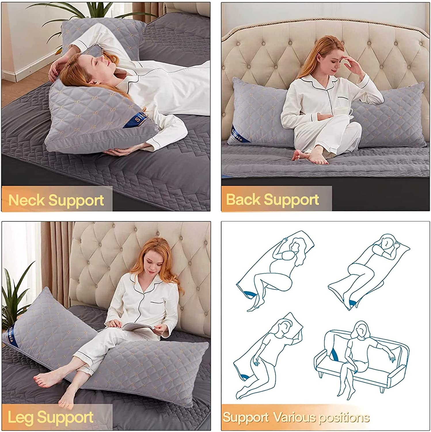 Siluvia Body Pillow for Adults-Premium Adjustable Loft Quilted- Hypoallergenic Fluffy - Quality Plush - down Alternative Pillow (Gray-Lightgray, 21&rdquo;X54&ldquo;) image number 4