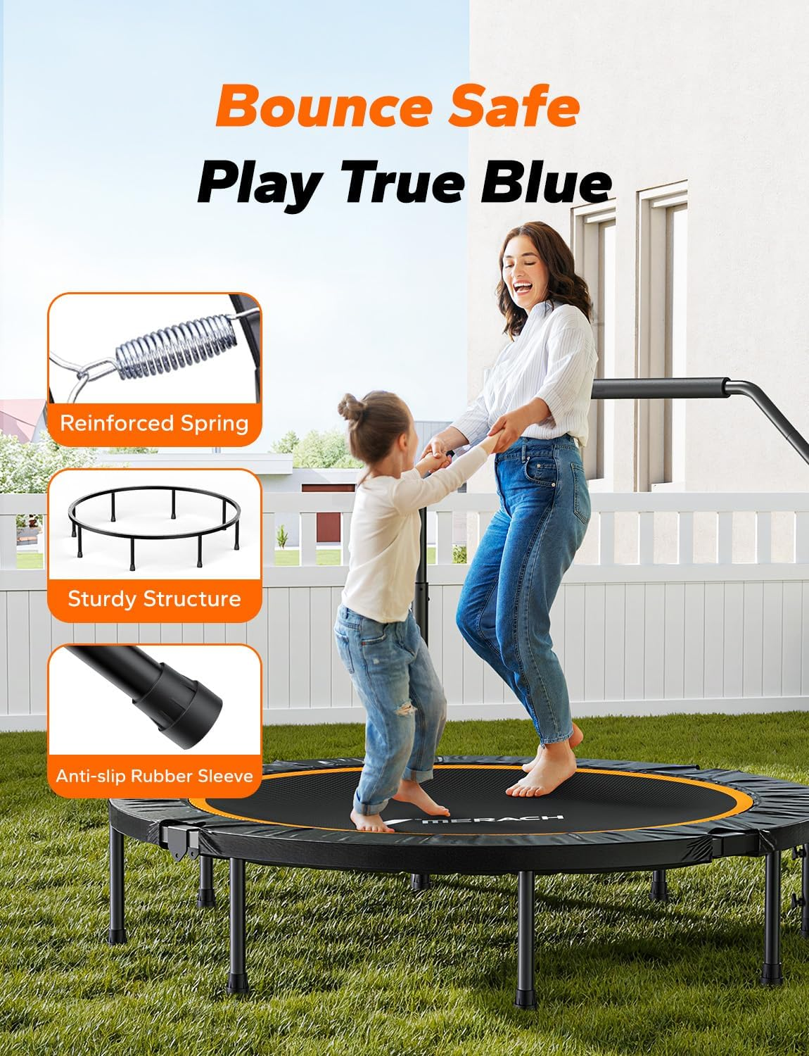 MERACH 48" Rebounder Mini Trampoline Adult, Fitness Trampolines Max Load 100KG with Adjustable Handle, Suitable Rebounder for Adults and Rebounder Trampoline for Kids Toddler Indoor/Outdoor Workout image number 6