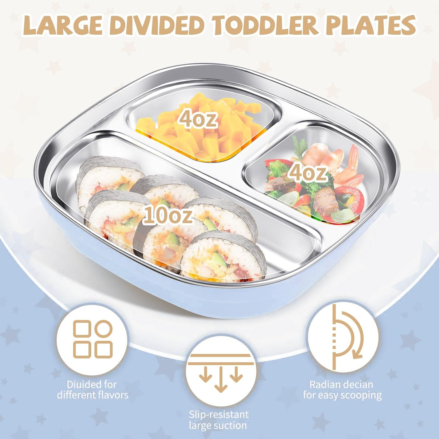 6-In-1 Blue Stainless Steel Kids Plates and Bowls, Contain Deep-Divide Toddler Plates, Bowls, Cup, Utensils & Bib &ndash; Bpa-Free 304 Steel + Silicone Suction &ndash; Dishwasher Safe