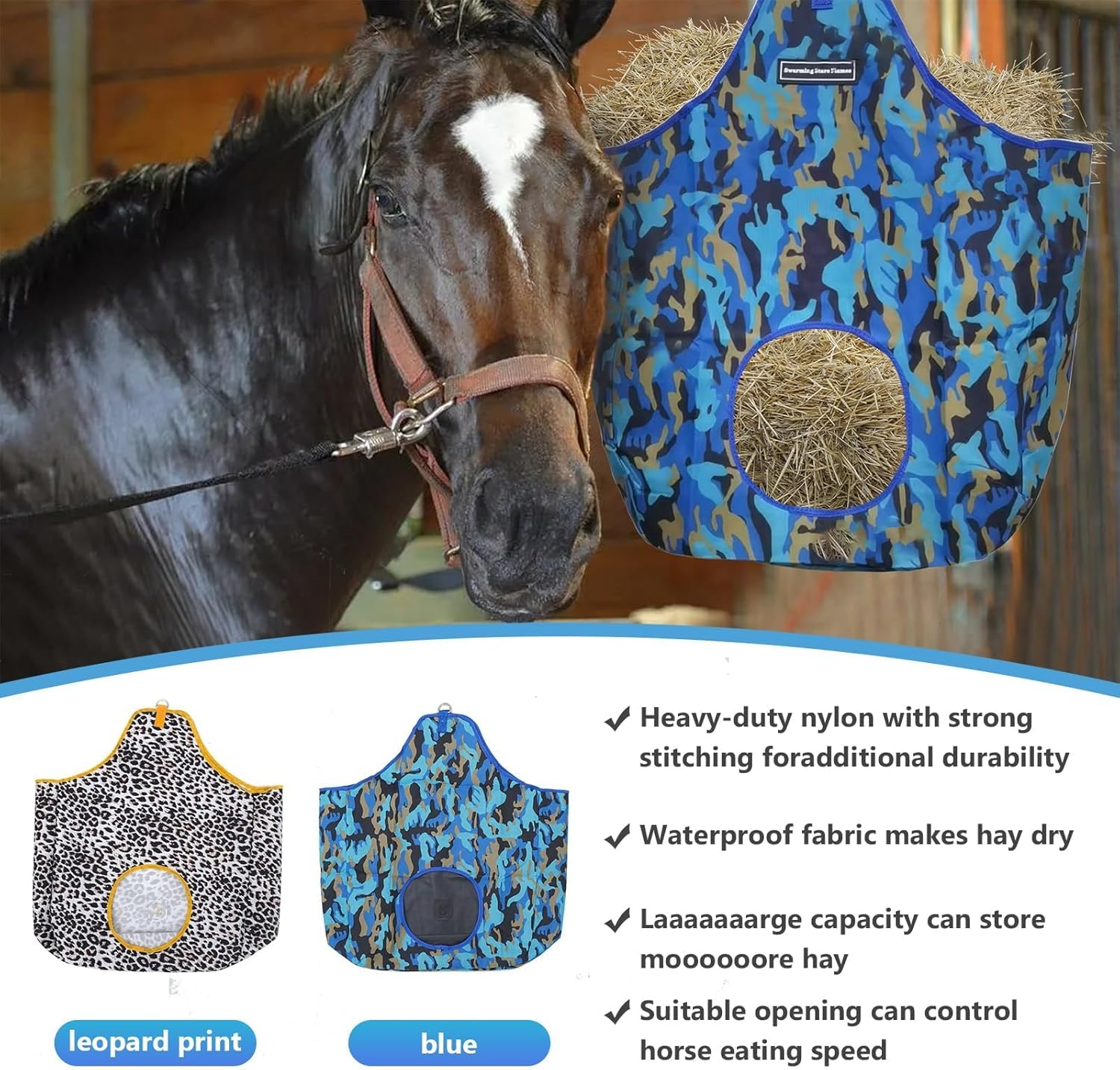 Heavy-Duty Slow Feed Hay Feeder Bag for Horses, Cows, Goats & Donkeys - Large Capacity Oxford Fabric Sack with Metal Snap Fasteners & Efficient Open-Feed Holes (Camouflage) image number 6