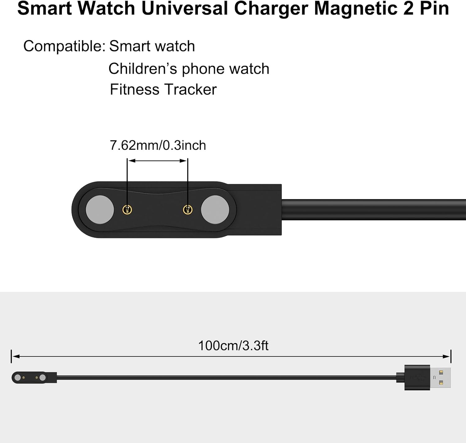 Smart Watch Universal Charger 2 Pin Magnetic, Smartwatch Accessories 2 Pin Magnetic Suction Charger for Smart Watch/Fitness Tracker, Cable Contact Pin Spacing Compatible 7.62Mm image number 1