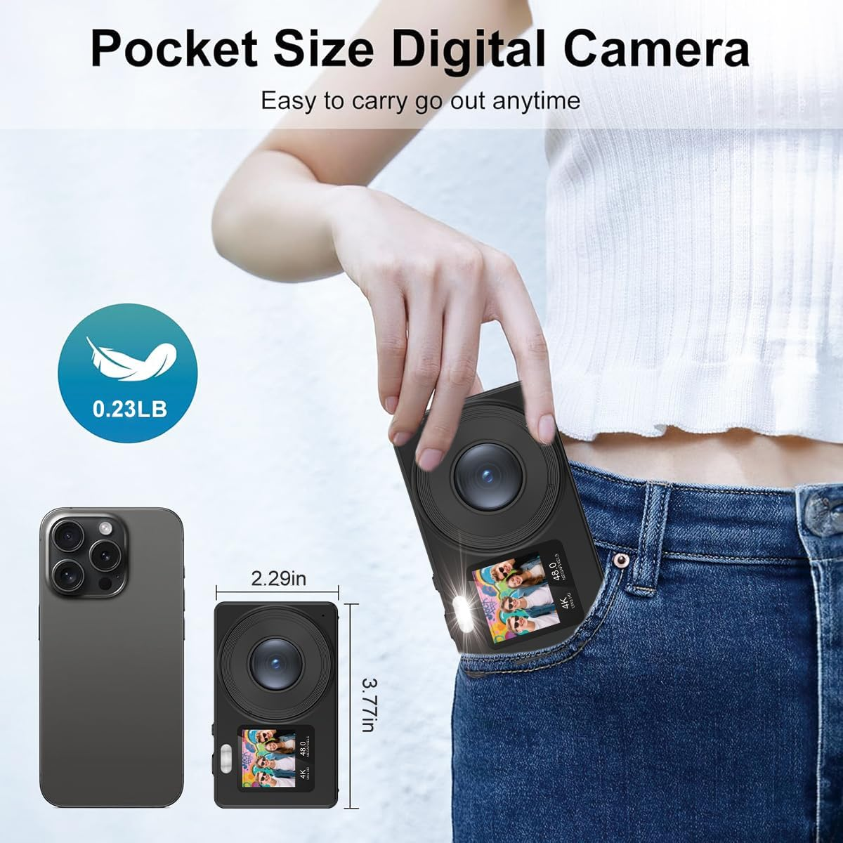 Dual-Screen 4K Digital Camera, with a 2.4" LCD Rear Screen and a 1.3" Front Screen, a 48-Megapixel Full HD Camera, an 18X Zoom Function, Nd a 64GB Memory Card, Black - White image number 6