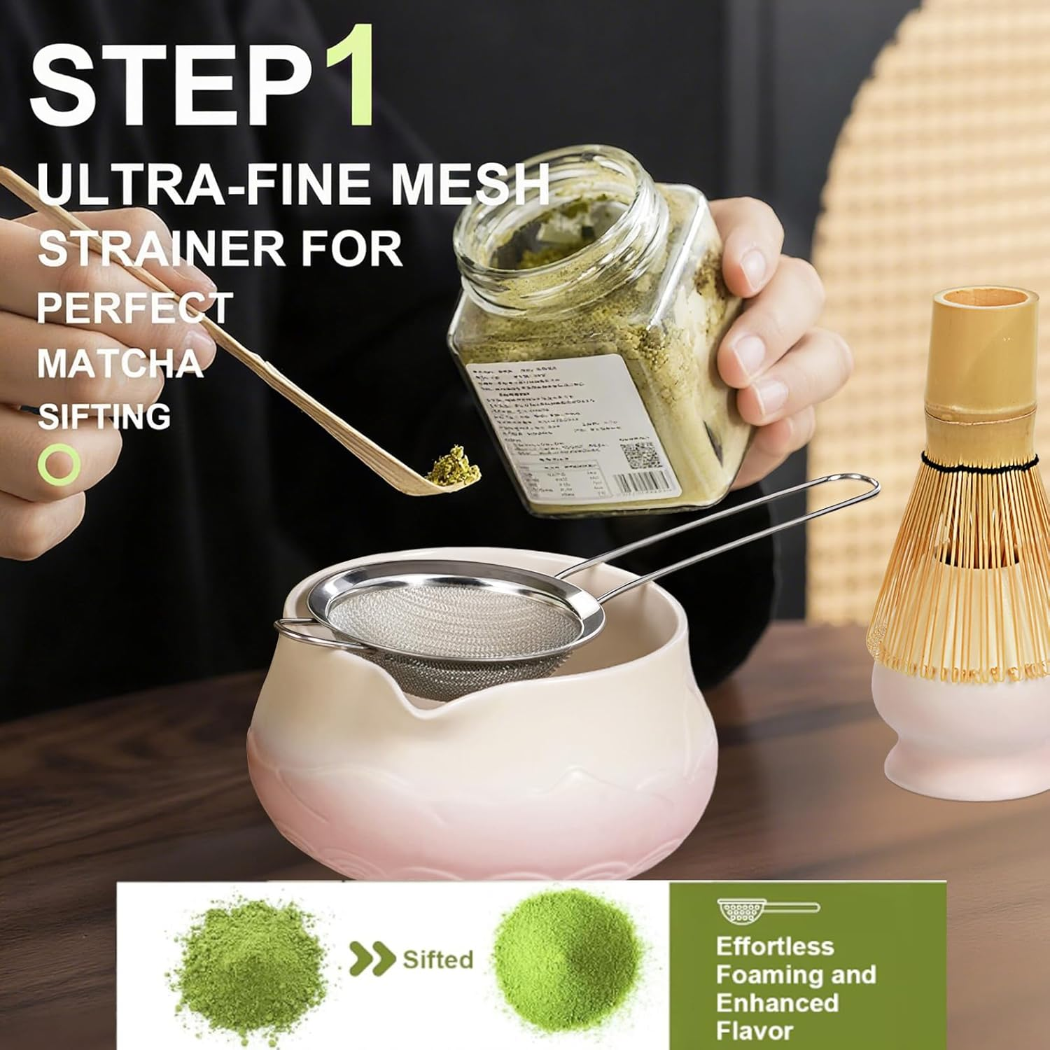 5 Pcs Matcha Whisk Set, Japanese Matcha Set, Ceramic Matcha Bowl with Spout, Matcha Whisk Holder, Bamboo Matcha Whisk, Stainless Sifter, and Scoop for Matcha Tea Ceremony image number 1