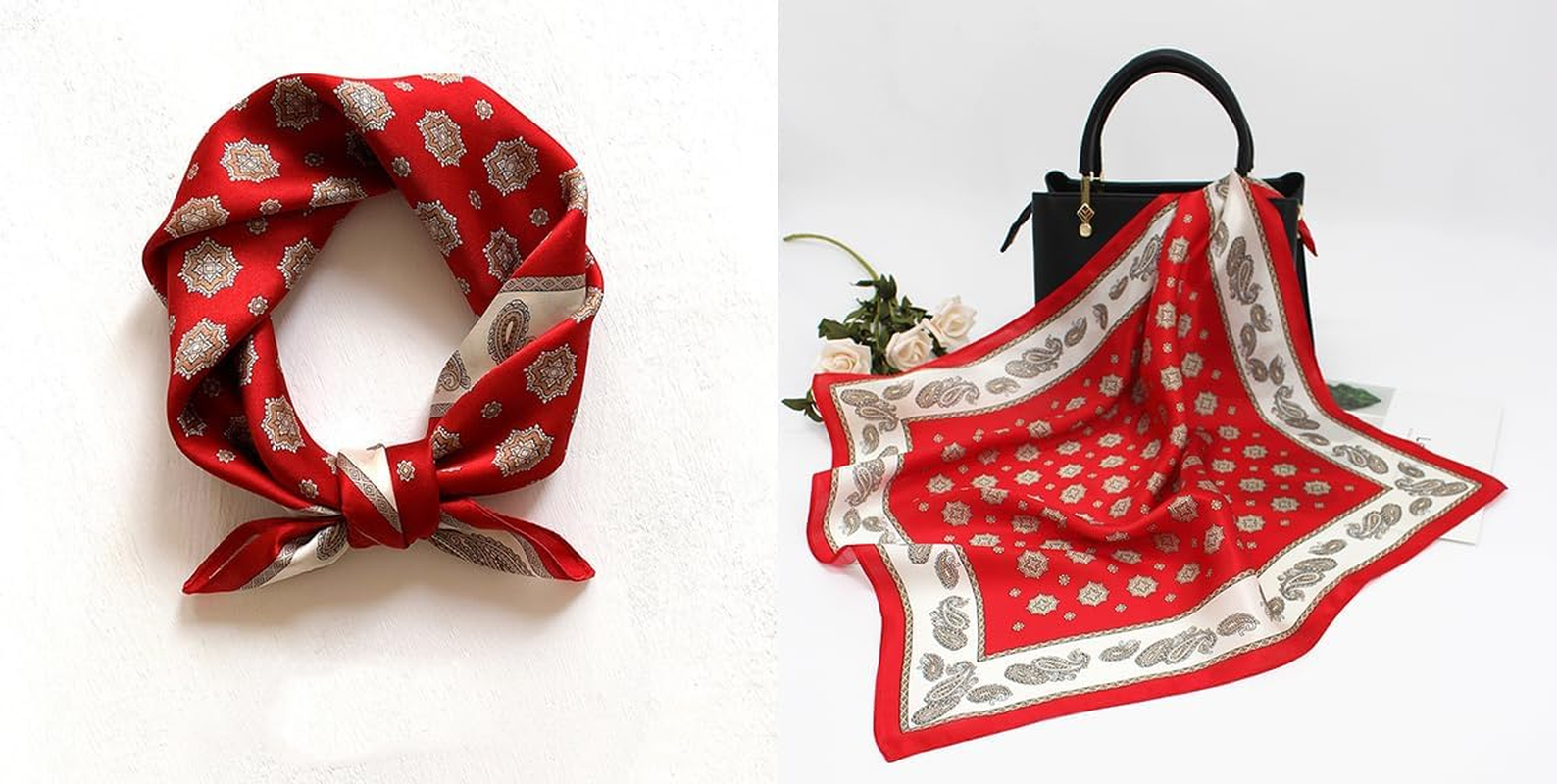 ANDANTINO 100% Pure Mulberry Silk Small Square Scarves -21'' X 21''- Digital Printed Neckerchief Women Men Lightweight Scarf - 01 Red Leopard image number 5