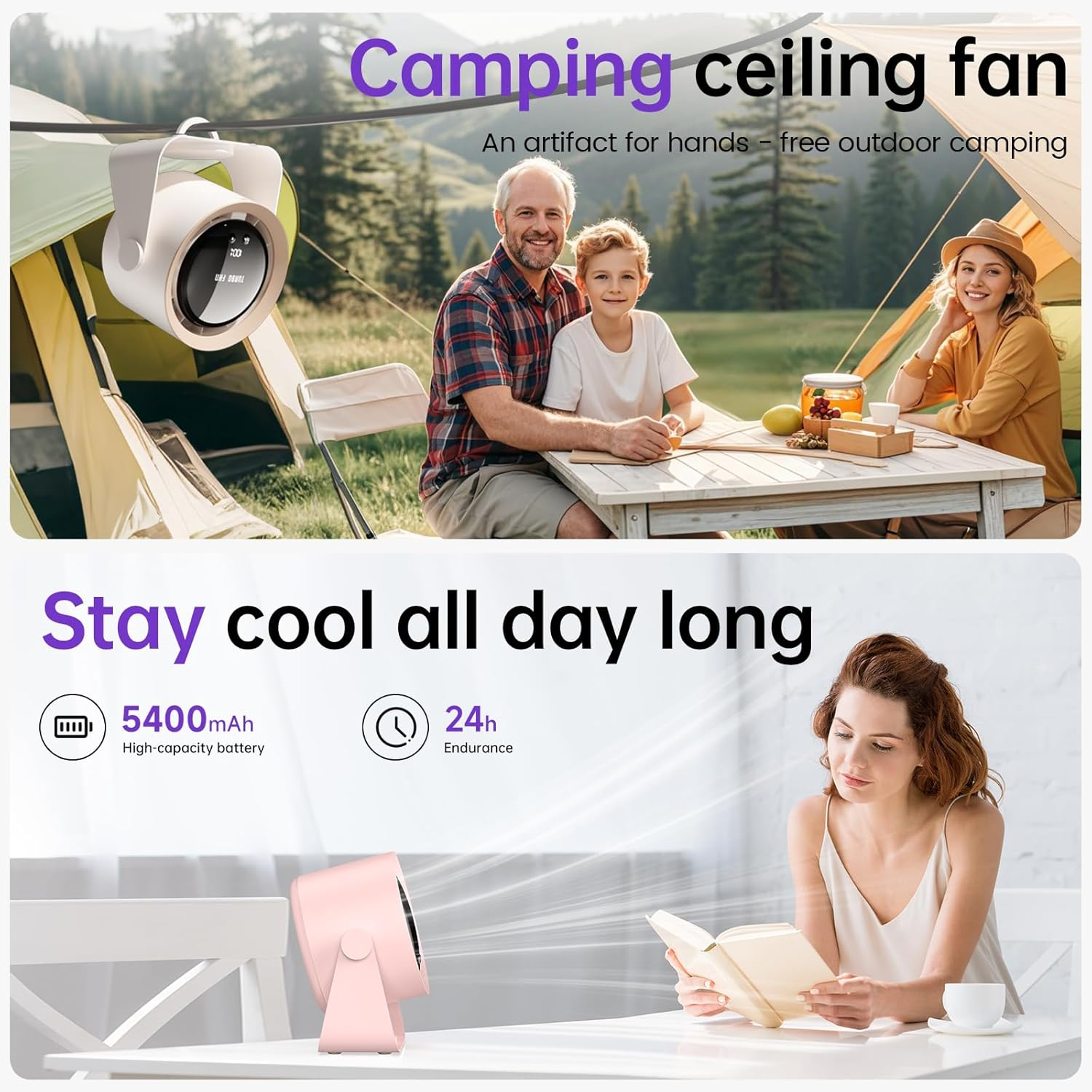 USB Desk Fan with LED Display & 5400Mah Battery, 5-Speeds Adjustable, 90&deg; Tilt Hangable Quiet Portable Table Rechargeable Desktop Fan for Bedroom, Office, Dorm, Kitchen, Wall, Home (Khaki) - Pink image number 3