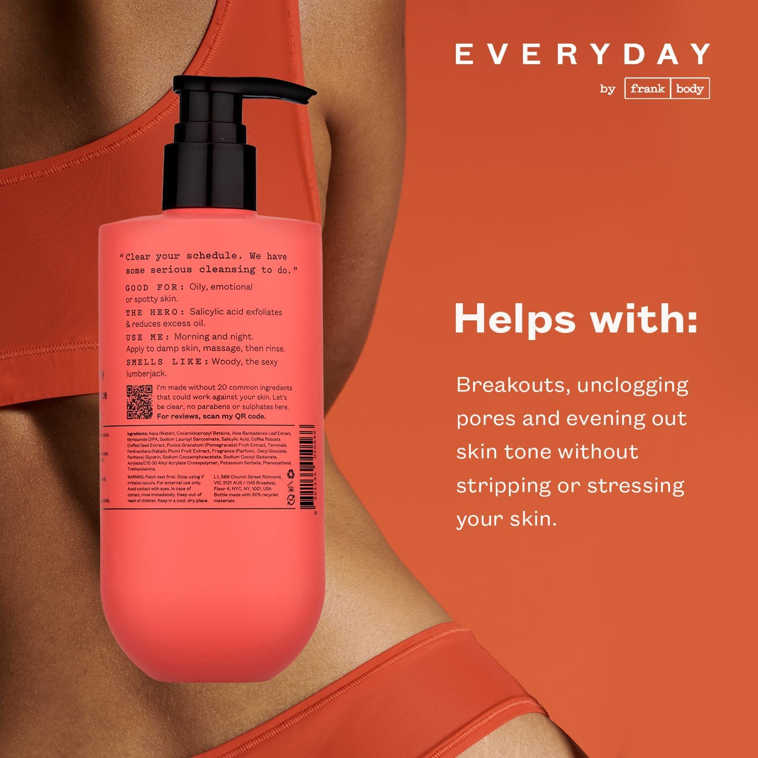 Everyday by Frank Body Clearing Body Wash | with Salicylic Acid to Exfoliate Dead Skin, Remove Excess Oil and Fight Black & White Heads| Vegan & Cruelty Free | Mandarin & Cedarwood Scent | 360Ml image number 1