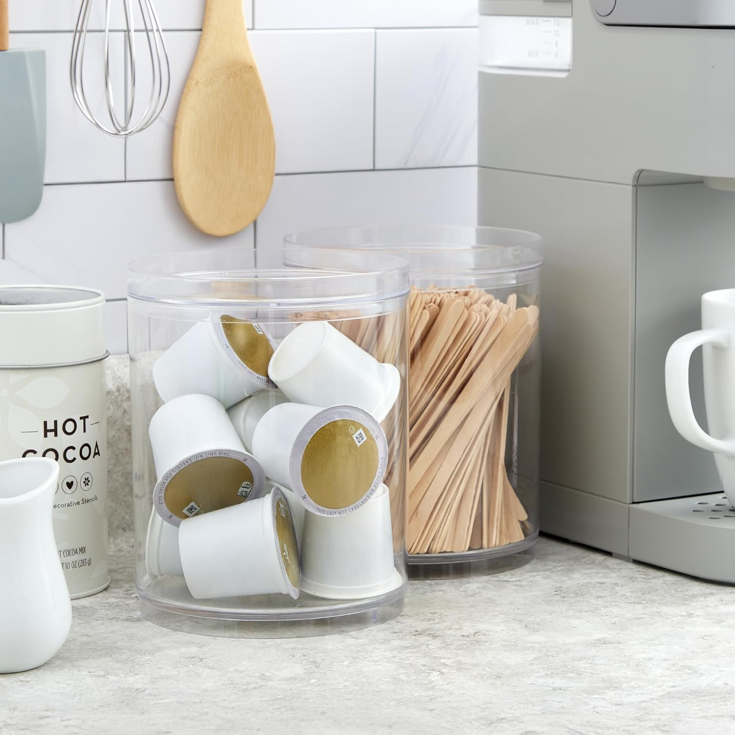 Stori Bella 2-Piece Stackable Clear Tall Plastic Container Set | round Vanity Storage Organizers with Lids for Hair Accessories & Beauty Supplies | Made in USA image number 2