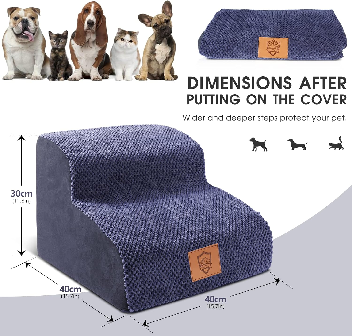 Replacement Cover for Pet Steps, Compatible with Kphico 2 Tier Foam Dog Stairs Ramps, 15.7" L X 15.7" W X 11.8" H, Waterproof Washable Cover for Small Dogs and Cats, Blue image number 1