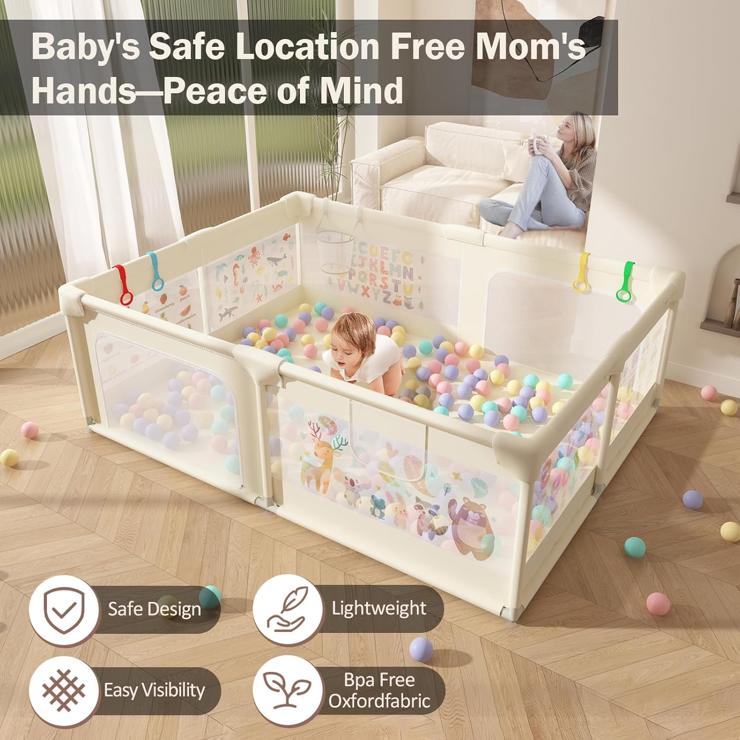 200X150Cm Playpen Baby, Extra Large Play Pen for Toddlers with Pattern Anti-Slip Sturdy Baby Play Yards Fence with 50 Balls, 4 Pull Rings, Balls Storage, Ball Storage & Zipper Door (Beige) image number 3