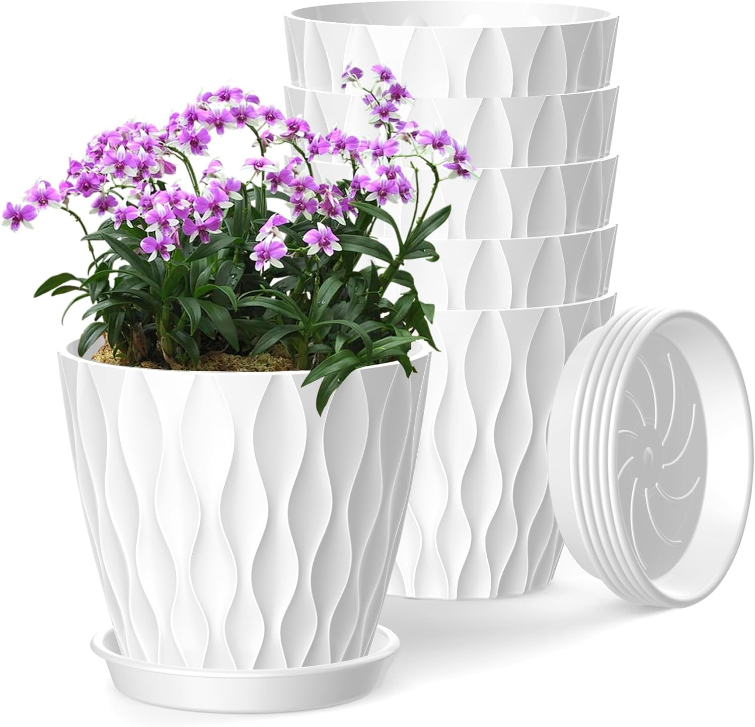 Plant Pots with Drainage 6 Inches Home Decor Flower Pots for Indoor Planter Pack of 6 Plastic Planters for Indoor Plants, Cactus, Succulents Pot - White image number 6