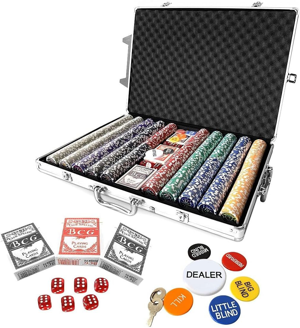 Casino Poker Chips Set, 500PCS 11.5 Gram 6 Colors Casino Chips Poker Set with Aluminum Travel Case,6 Buttons，2 Decks of Cards, 5 Dice, for Texas Holdem Blackjack Gambling