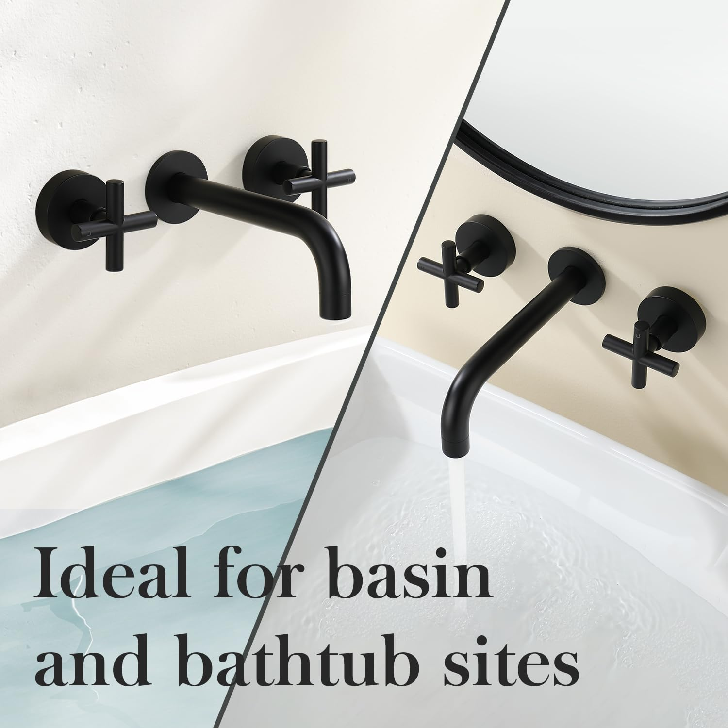 Decaura Bathroom Wall Sink Tap Set Cross Handles Basin Bath Spout Vanity Spa Bathtub Water Outlet with 1/4 Turn Twin Tap Set Brass (Matt Black) - Matt Black image number 3