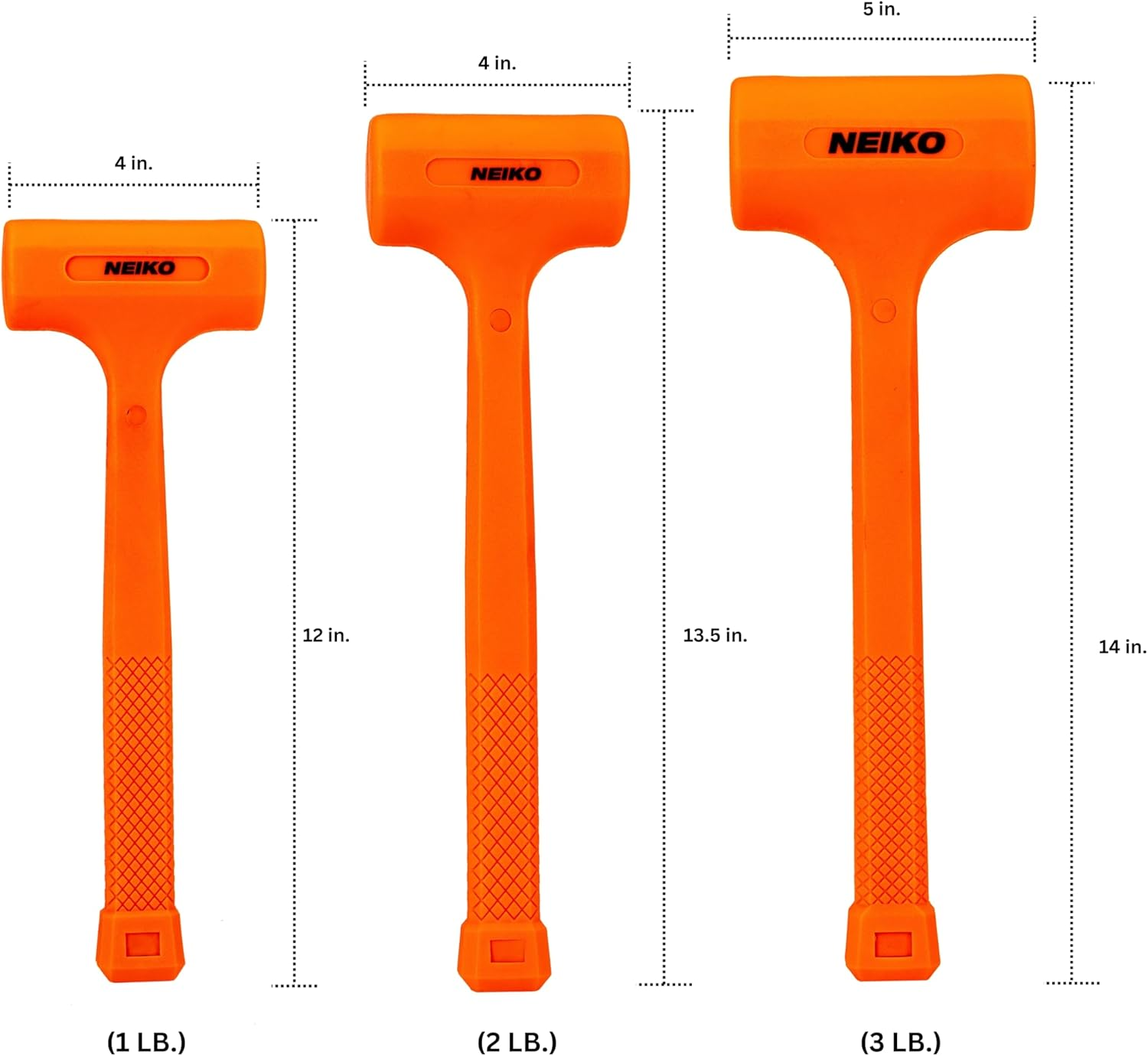 NEIKO 02888A Dead Blow Hammer Set, 3Pc Neon Orange Deadblow Mallet, 1Lb, 2Lb, 3Lb Hammers, Spark and Rebound Resistant, Unibody Molded, Checkered Grip image number 5