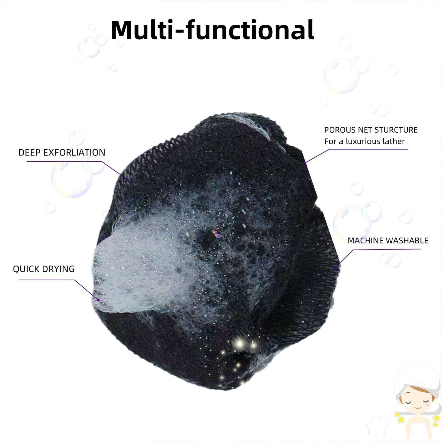 Hpessoterr 2 Pieces Long Bath Net Sponge,Body Exfoliating Long Net Shower Body Scrubber Back Scrubber Skin Smoother,Stretch Len（Black） image number 1