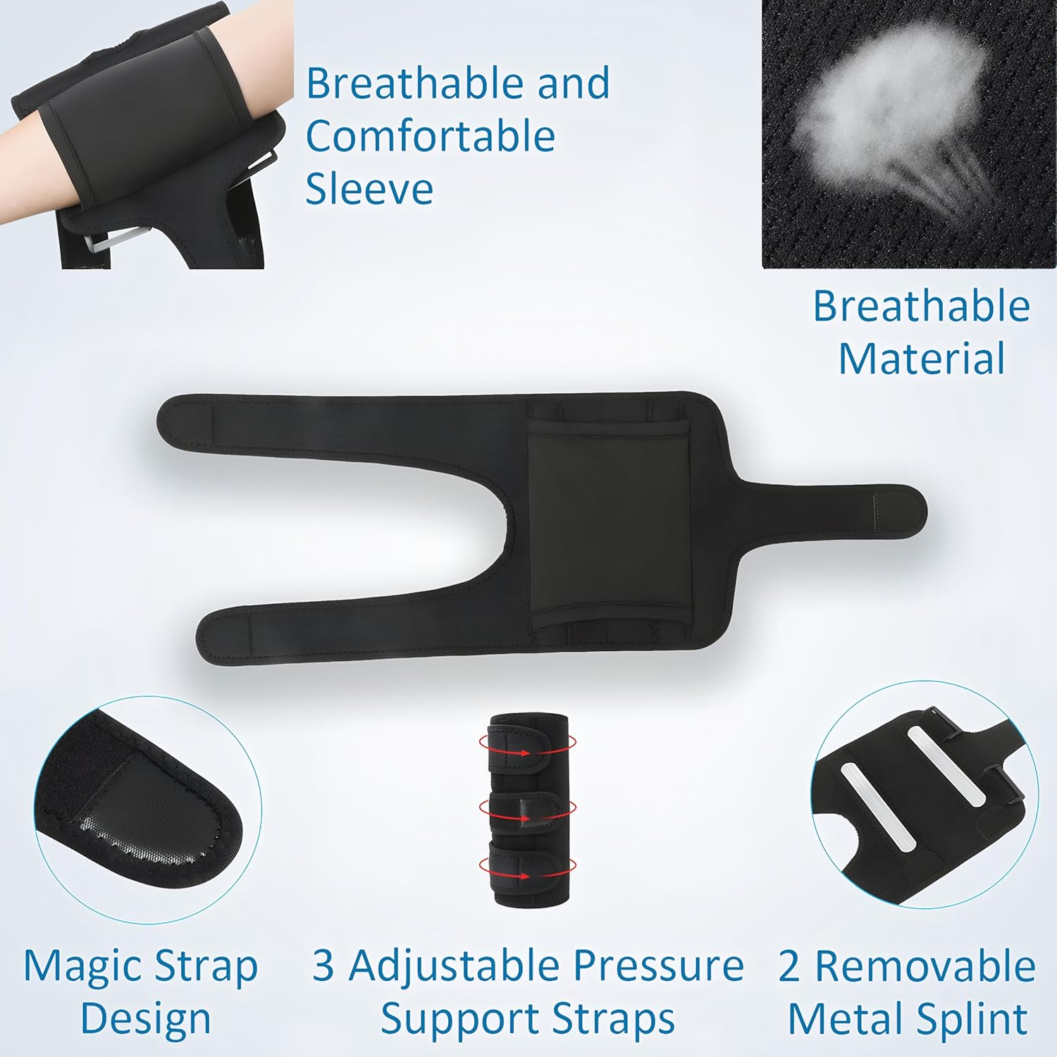 Elbow Brace with Splints, Adjustable Tennis Elbow Support Compression Sleeve Strap (Black) image number 4
