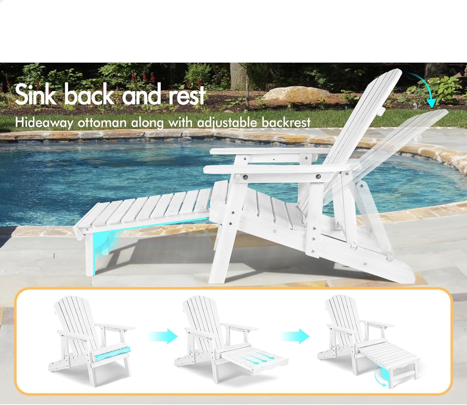 ALFORDSON Wooden Muskoka Adirondack Chair for Outdoor, Fir Wood Lawn Outdoor Muskoka Furniture for Patio Garden Park Porch, Slatted Design Armchair Lounge with Footrest, 180Kg Max White Color image number 6