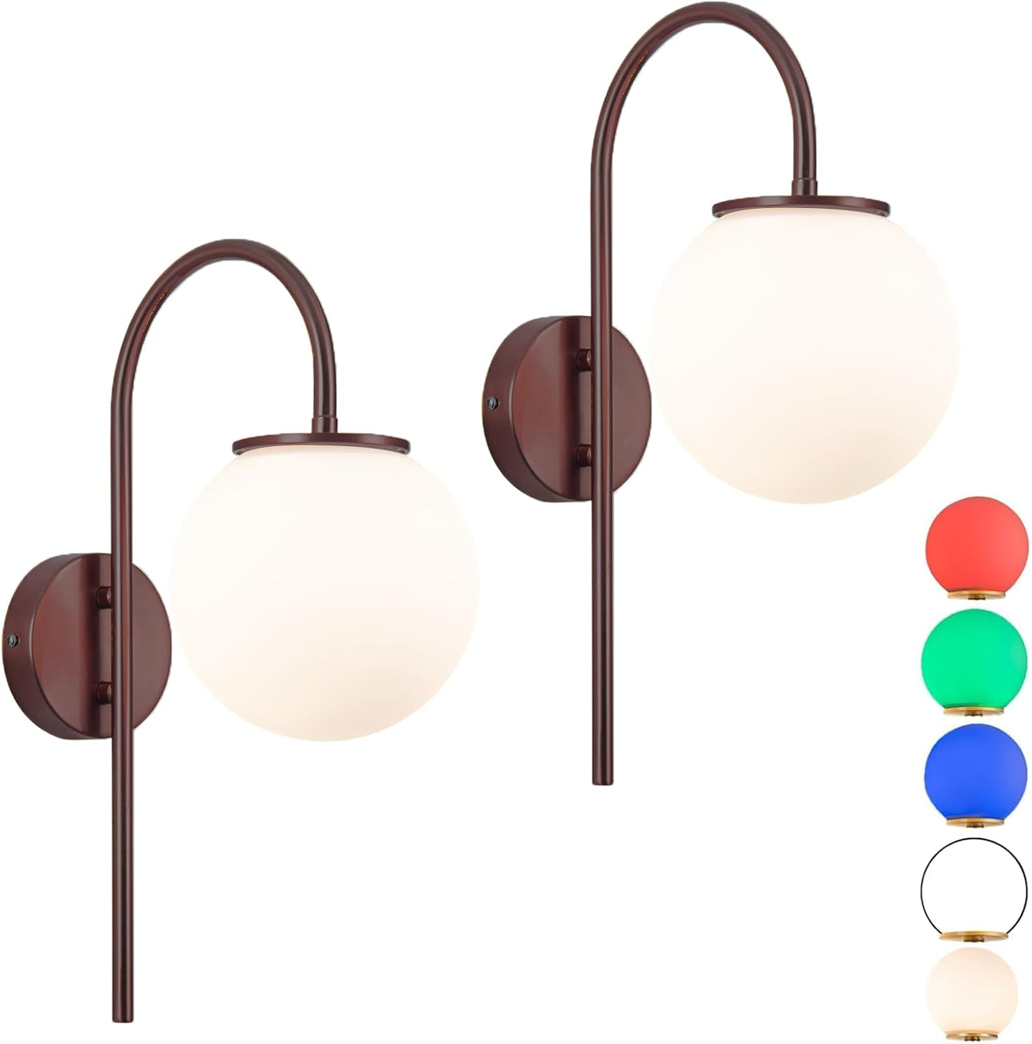 Battery Operated Wall Sconces Set of Two,White Glass round Lampshadewireless Wall Lights Fixtures with Remote Control,6 RGB Color Dimmable,(With Bulbs+Remote Control+Charging Cable)
