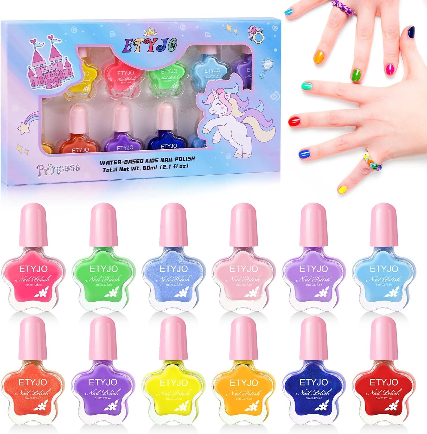 ETYJO Kids Nail Polish- Nail Polish Set for Girls Ages 3-12,12 Rainbow Colors Nail Polish Kit for Teens Child
