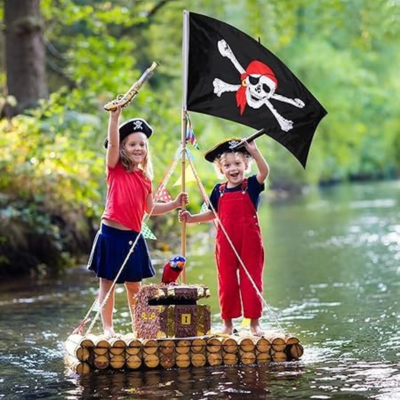 Jolly Roger Flag Pirate Skull Flag for Pirate Party Halloween Decoration Pirate Day, 3 by 5 Feet (Skull and Red Scarf, 2 Pieces)