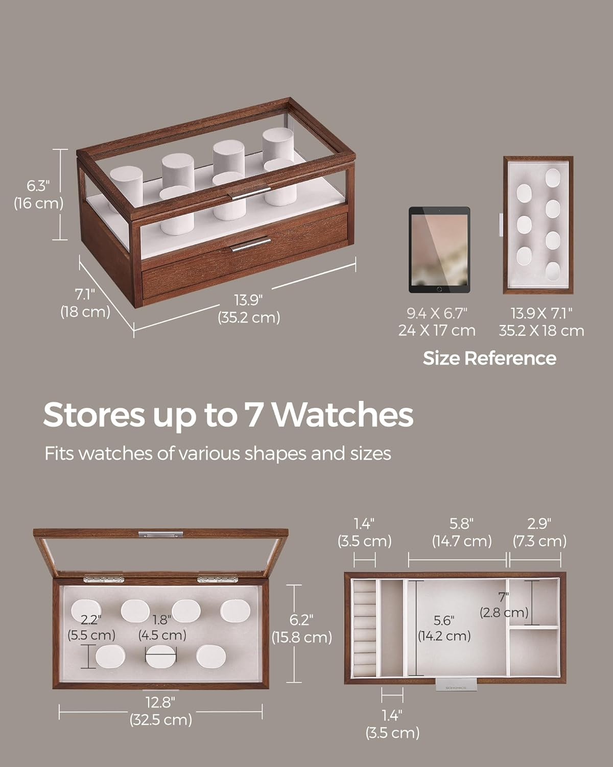 SONGMICS 2-Tier Watch Case, Watch Display Box, Watch Holder with 7 Pillars, Drawer, Acrylic and Solid Wood Top, Velvet Lining, Coffee Brown UJOW007K01 image number 4