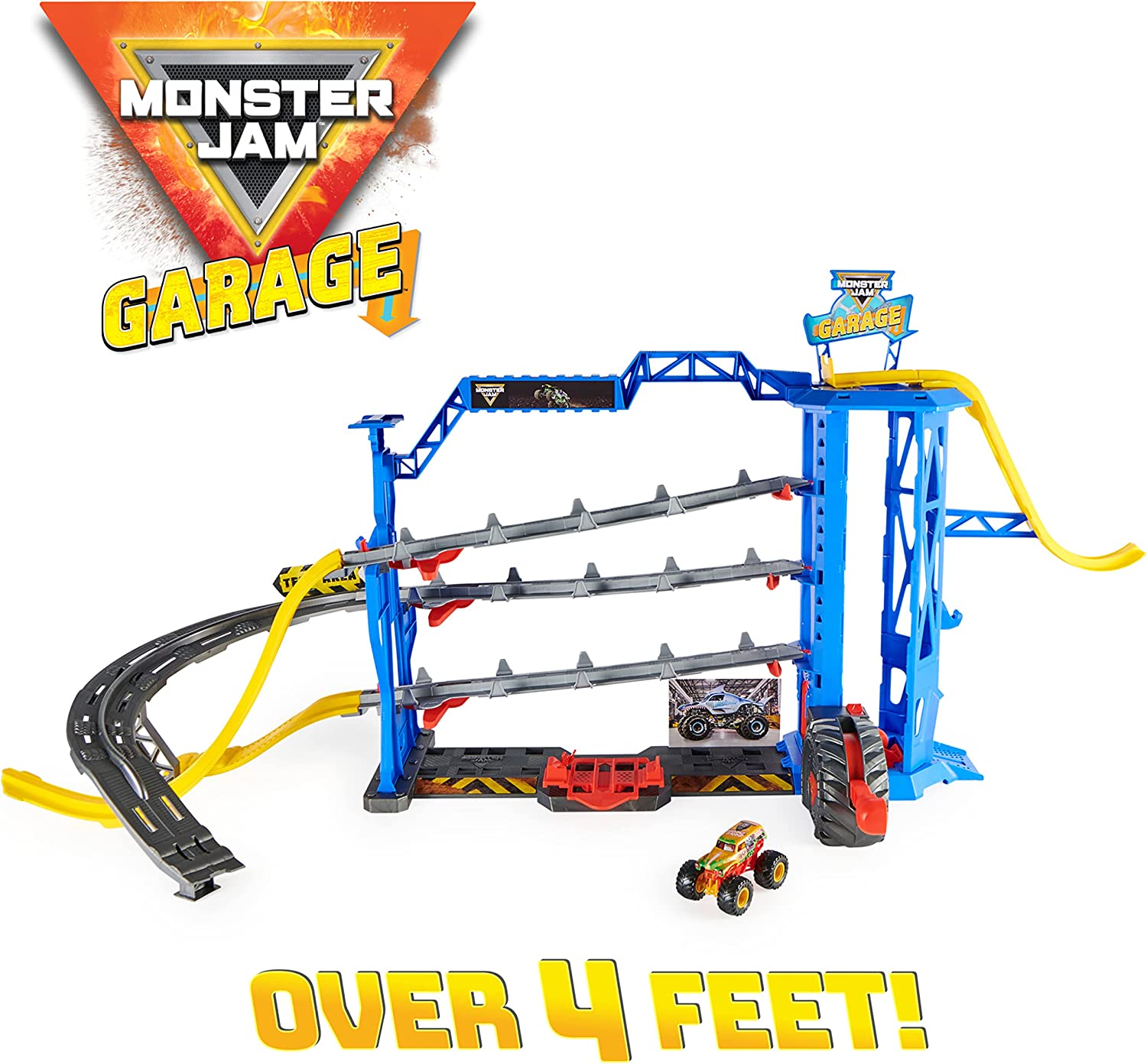 Monster Jam Garage Playset and Storage with Exclusive Grave Digger Monster Truck, Lights and Sounds, Kids Toys for Boys and Girls Ages 3 and Up, Blue and Organge (6060719)