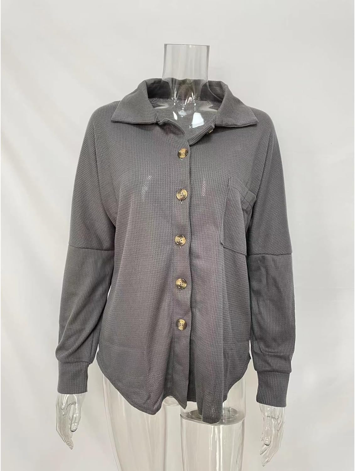 Women&rsquo;S Waffle Knit Shacket Jacket Casual Long Sleeve Blouses with Pocket Button down Shirts Dressy image number 7