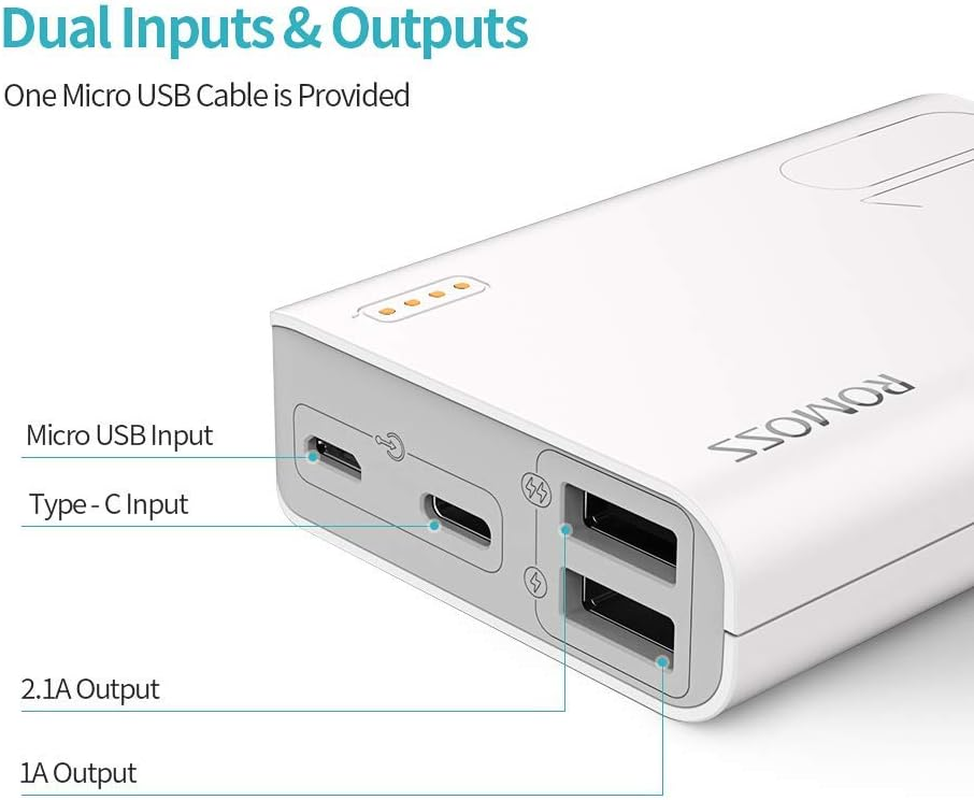ROMOSS 10000Mah USB C Power Bank, Mini Portable Charger, 2 Outputs and 2 Inputs Battery Pack Compatible for Iphone 17/16/15//14, Ipad, Galaxy S25/S24, Gopro and More(White)