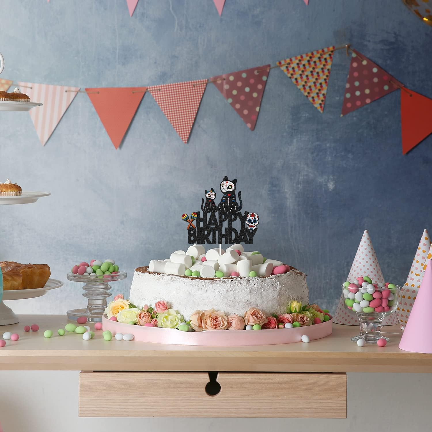 Halloween Sugar Skull Cat Happy Birthday Cake Topper - Halloween Skeleton Day of the Death Cake Topper Supplies - Gothic Mr Mrs Wedding Party Decoration