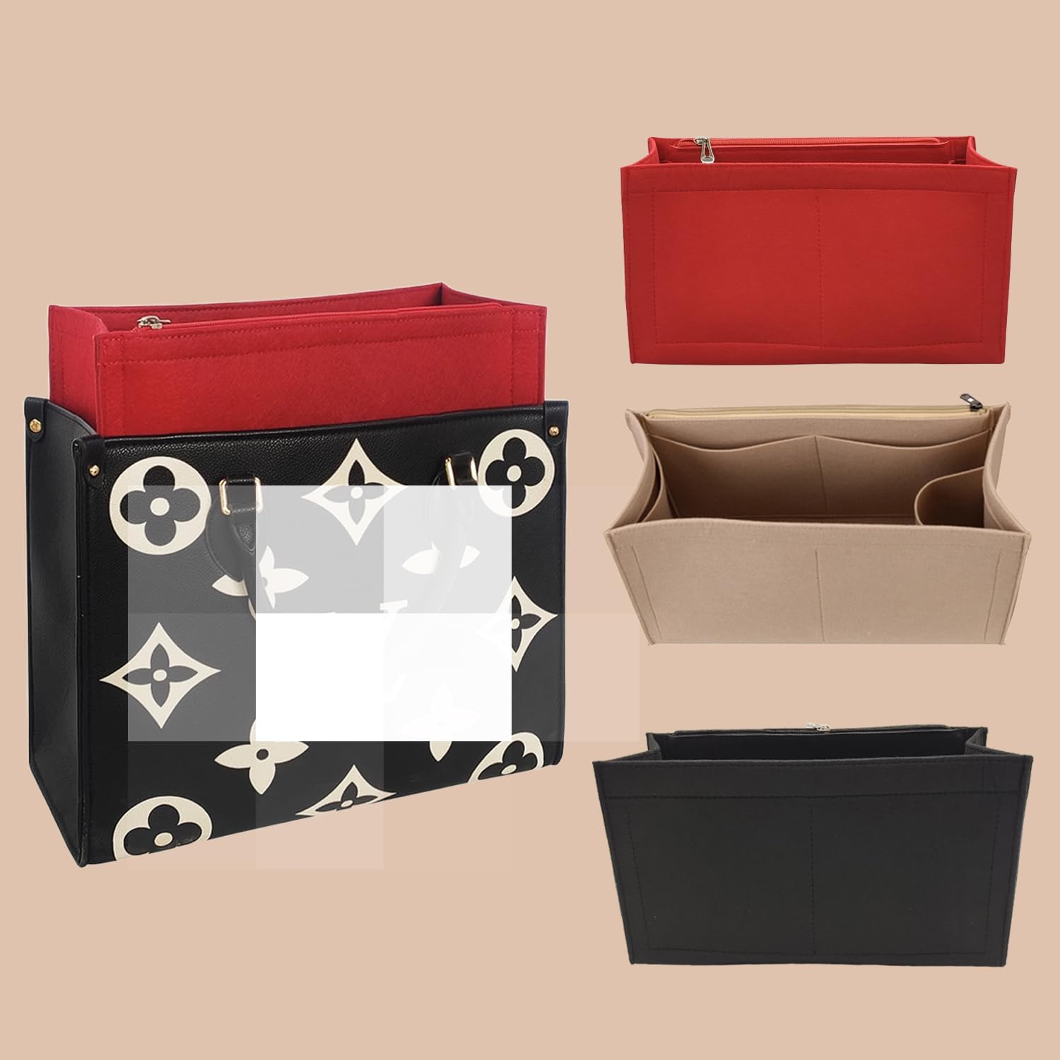 D.DUO Bag Purse Organizer with Zipper, Tote Organizer Insert for LV ONTHEGO (M,(12.2X5X6.7),Red) - Red image number 2