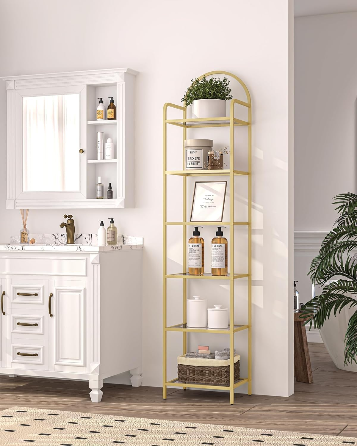 Hzuaneri Bookcase Bookshelf, Tempered Glass Bookshelves, Slim Shelving Unit for Bedroom, Bathroom, Home Office, Steel Frame, 6 Tier Gold BC10601G image number 3