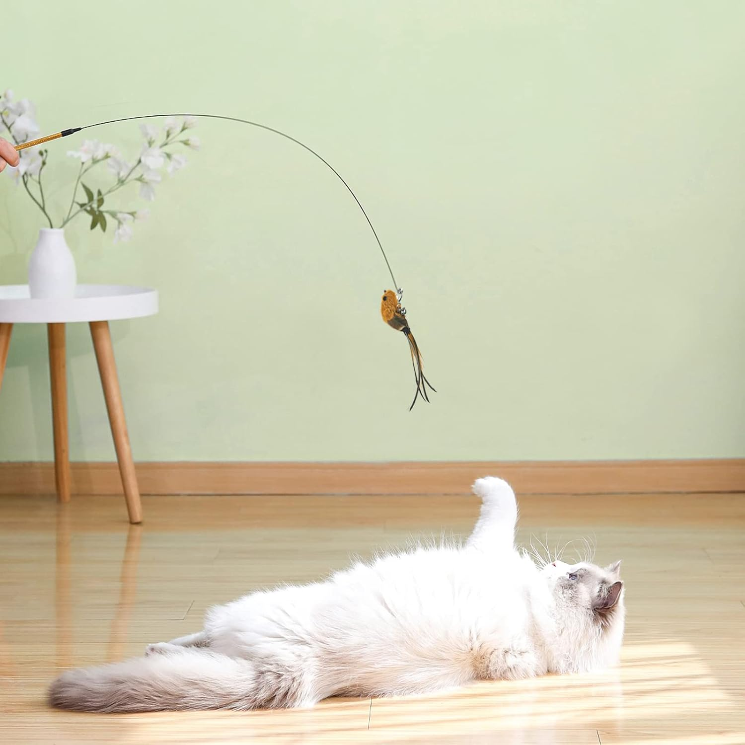 Andiker Interactive Cat Toy with Bell, Cat Wand with 2 Artificial Birds Replacement, Cat Feather Wand for Playing and Training, Funny Cat Sticks for Indoor and Outdoor Exercise (Blue+Brown)