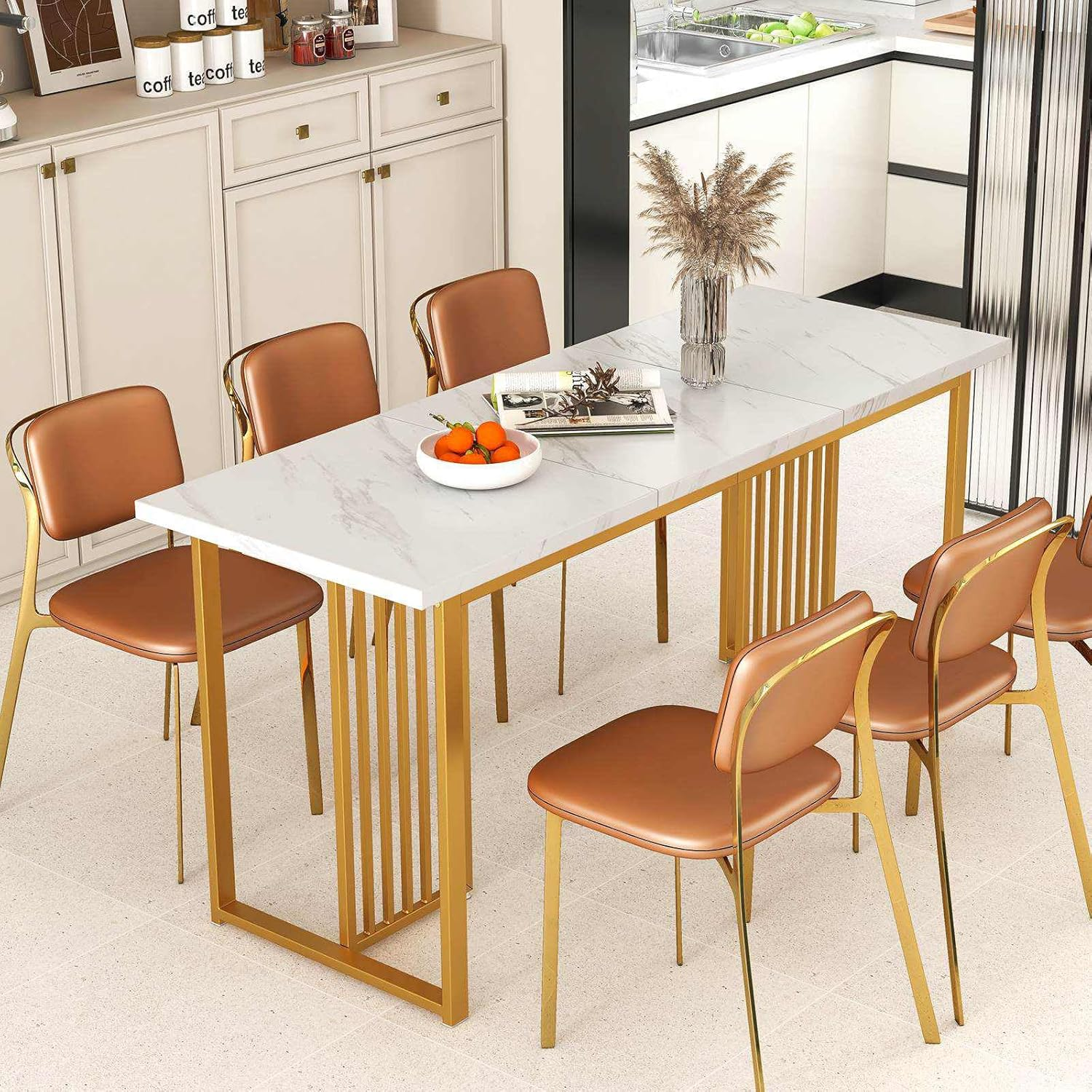 Giantex 160CM Modern Dining Table for 6-8 People, Rectangular Kitchen Table W/Faux Marble Tabletop, Metal Legs, Large Dinette Table for Dining Room, Living Room, Restaurant, Gold & White image number 5