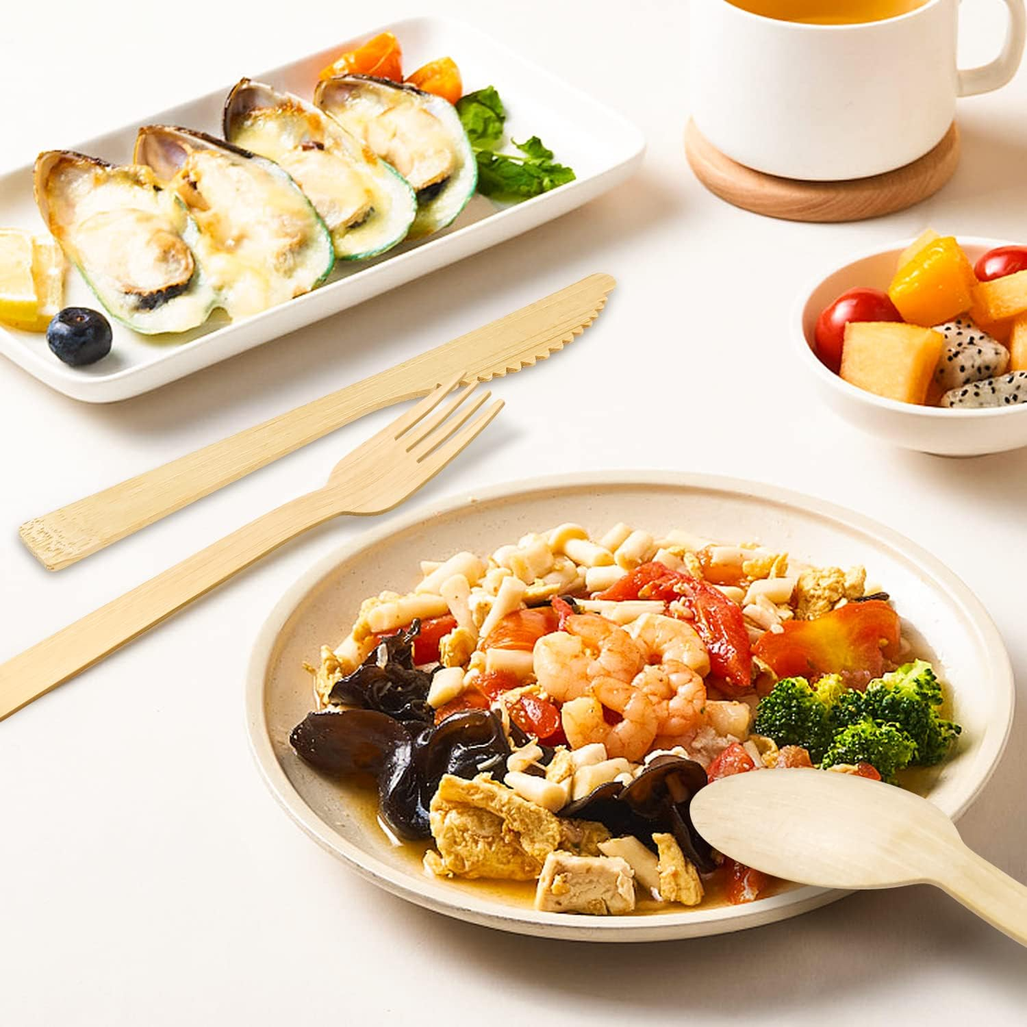 Bamboo Disposable Utensils (200PK: 80 Forks 80 Spoons 40 Knives) Compostable Eco Friendly Natural Biodegradable Bamboo Utensil/Cutlery Set Disposable Forks Knives and Spoons Set