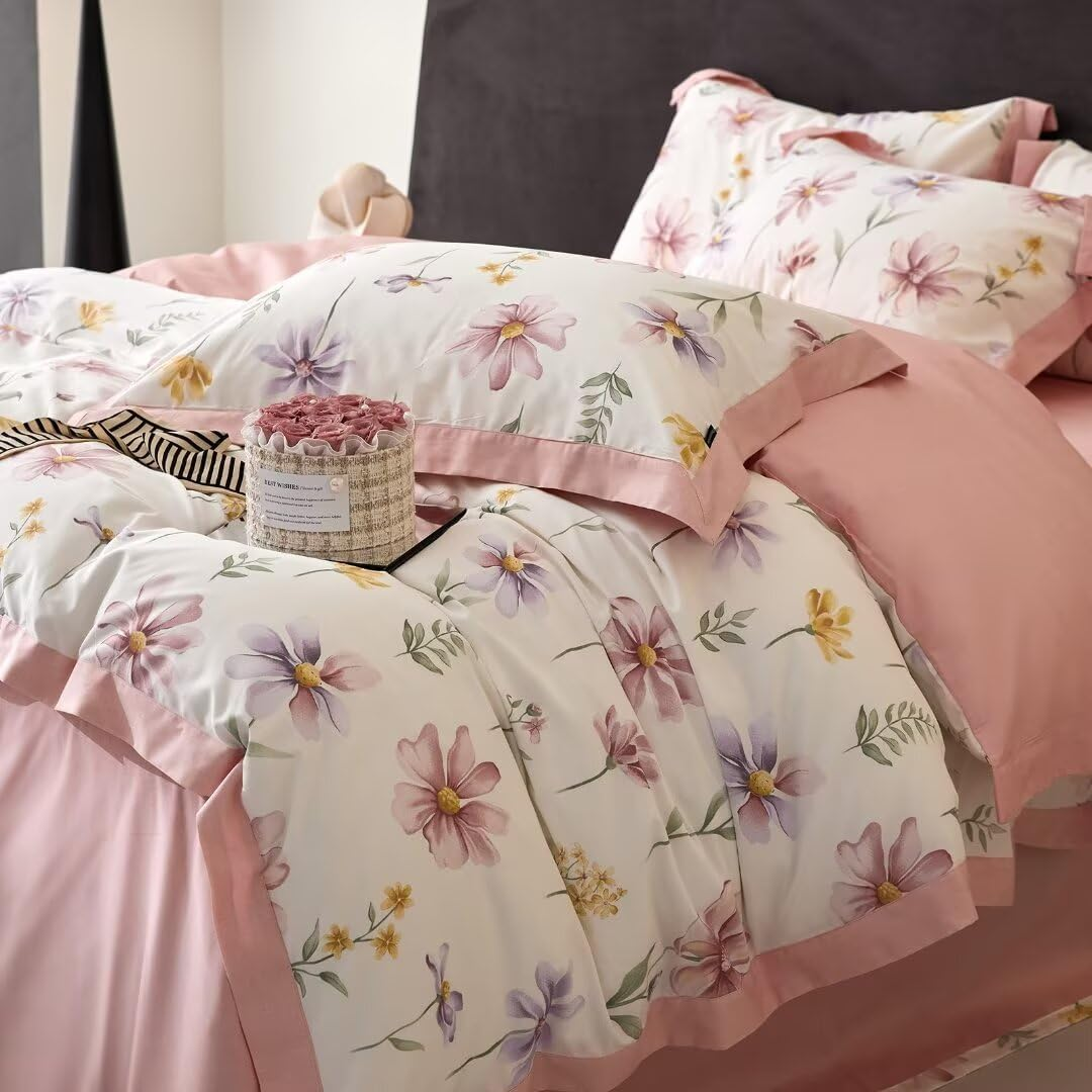 MKXI Garden Floral Duvet Cover Pink Princess Bedding White Aesthetic Duvet Cover Rustic Flowers Print Full Size Charming Floral Comforter Cover Pink and White 100% Cotton image number 4