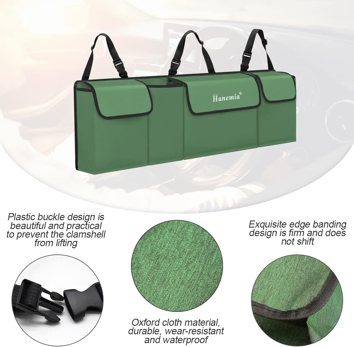 Car Trunk Organizer and Storage, Backseat Hanging Organizer for SUV, Truck, MPV, Waterproof, Collapsible Cargo Storage Bag with 4 Pockets, Car Accessories for Men and Women (Army Green) - Beige image number 5