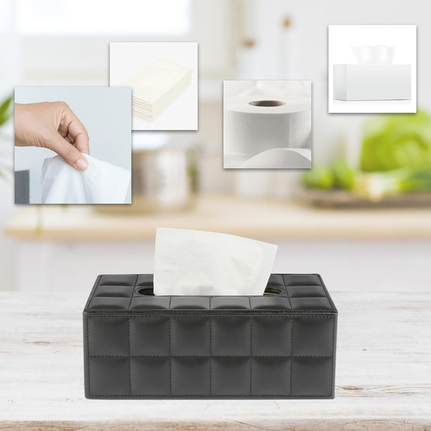 PU Leather Tissue Box Cover, Rectangle Black Tissue Box Holder for Home Decor, Office Desk & Bathroom, Fits Standard Tissue Boxes(Black) image number 5