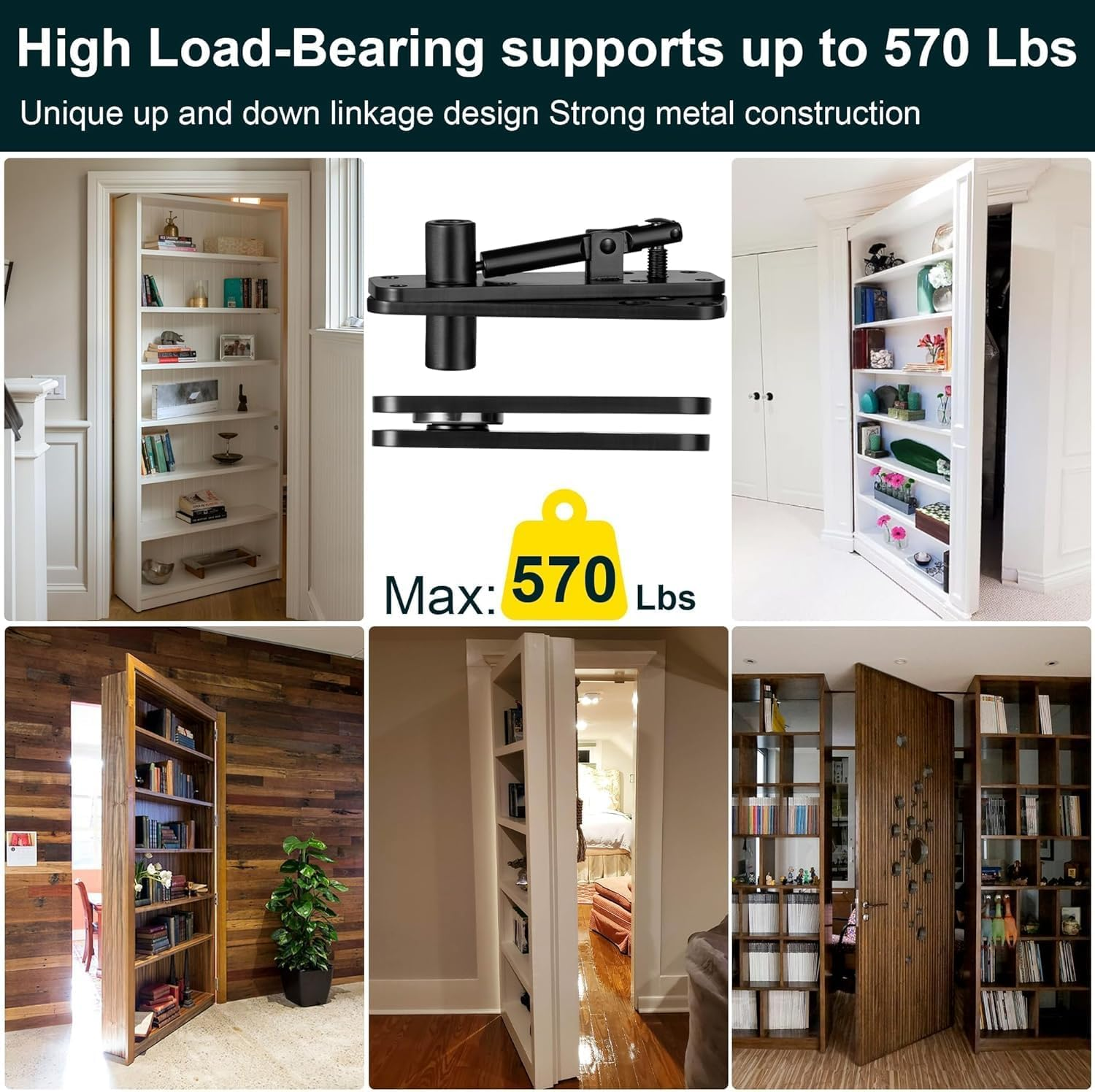 Hidden Door Hinge,570Lbs Load-Bearing Thickened Solid Stainless Steel - Heavy Duty 360&deg; Swinging Pivot Hinge for Secret Doors, Bookcase, Murphy & Shelf Doors - Includes Hardware Kit image number 2