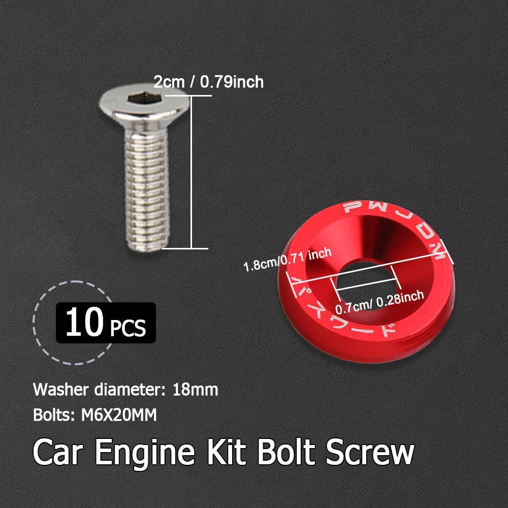Fender Bumper Washer Bolt, Aluminum Fender Washer Engine Bay Dress up Kit, Fasteners M6 JDM Fender Washer Kit Fits Bumper Washer Bolt, Headlights, Trunk Engine Bay Dress up (Red)