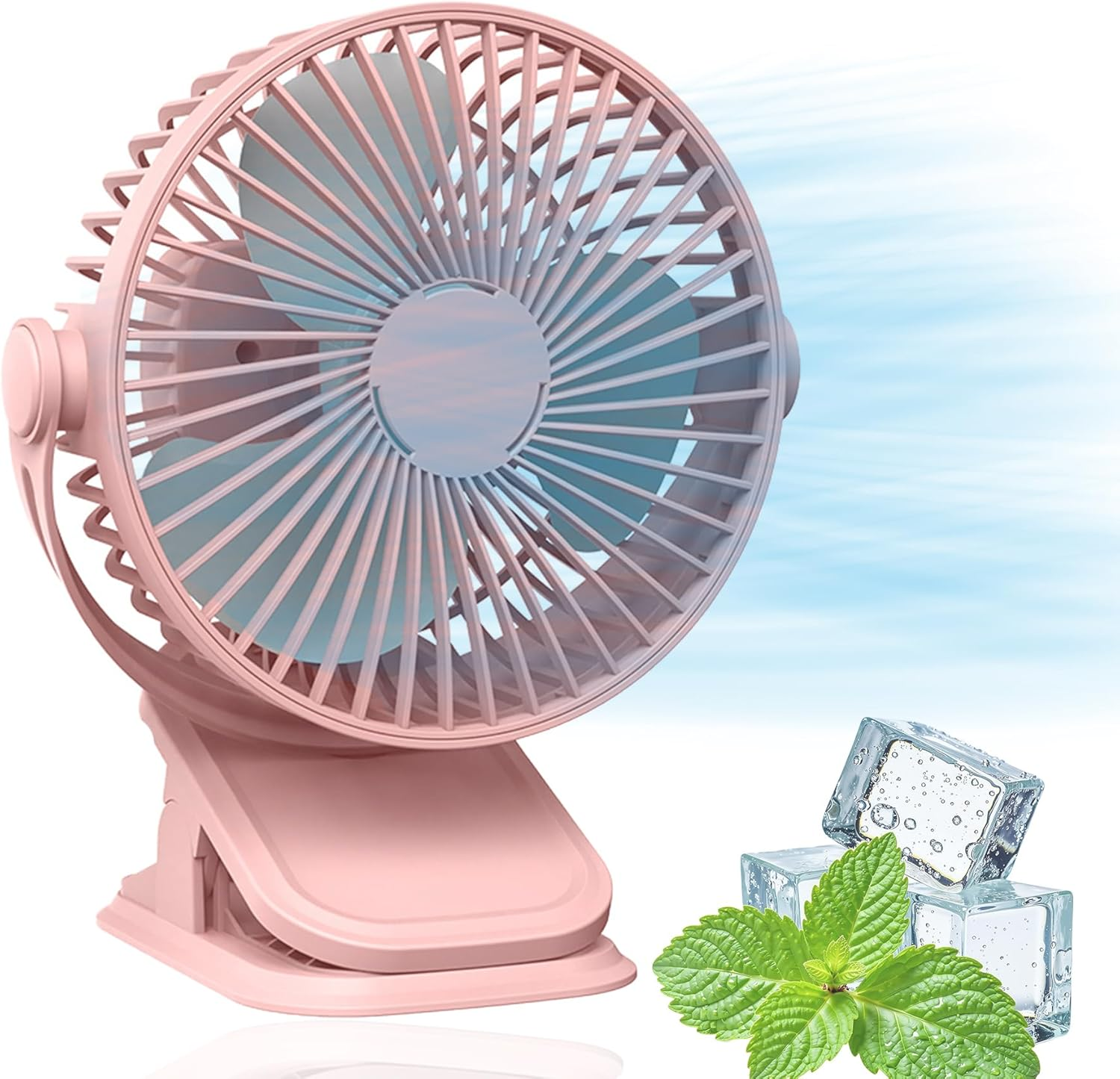 Wakouter Portable Clip on Fan, USB Rechargeable Mini Personal Cooling Fan, with LED Lights, 5 Speed 360&deg; Rotate Stroller Fan, for Office, Stroller, Bedroom and Camping (Pink)