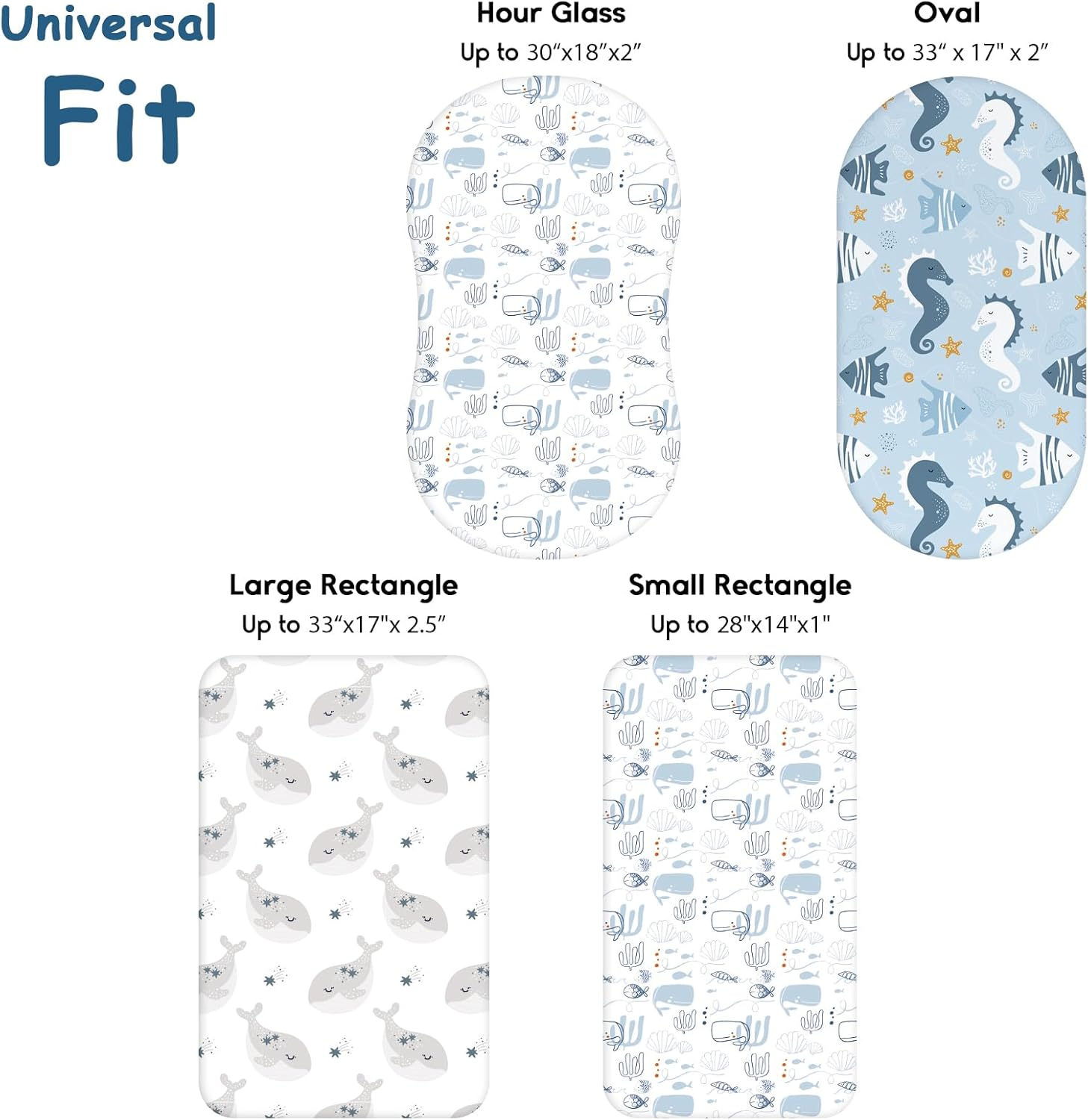 Yoofoss Bassinet Sheets Baby Girl Boy, Fitted Bassinet Sheet Set 3 Pack Universal Fit for Cradle Moses Basket Oval Rectangle round Hourglass Mattress,Soft Breathable (Blue+Seahorse)