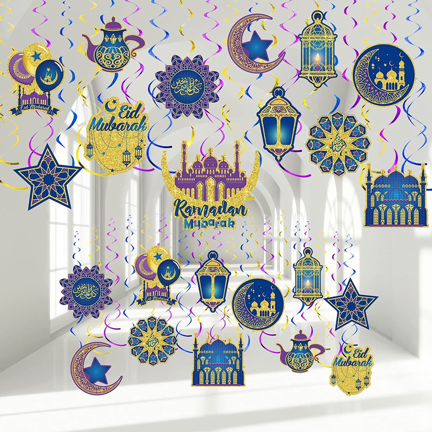 Zonon 30 Pieces Ramadan Mubarak Decorations, Eid Mubarak Hanging Swirl Shining Gold Star Moon Lantern Ceiling Foil Decor for Eid Al-Fitr Party Egyptian Holiday Supplies(Purple and Gold)