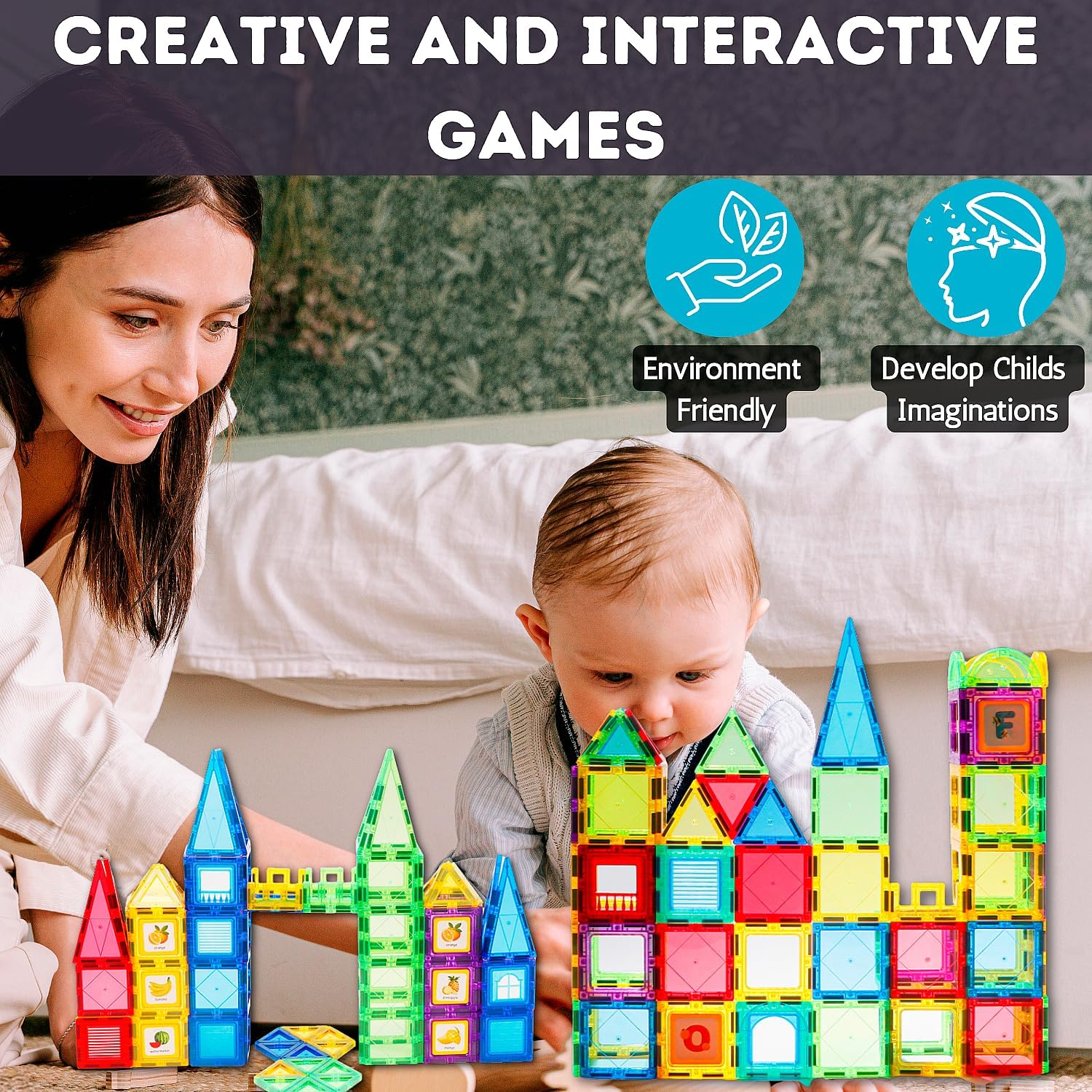 AKMA Magnetic Tiles Building Blocks Set - 103Pcs Magnetic Blocks Including Car, Secure Rivets, Bpa-Free, Rainbow Colors, STEM Learning Toys for Kids, Toddlers, Boys & Girls, Inspiring Montessori Fun image number 2