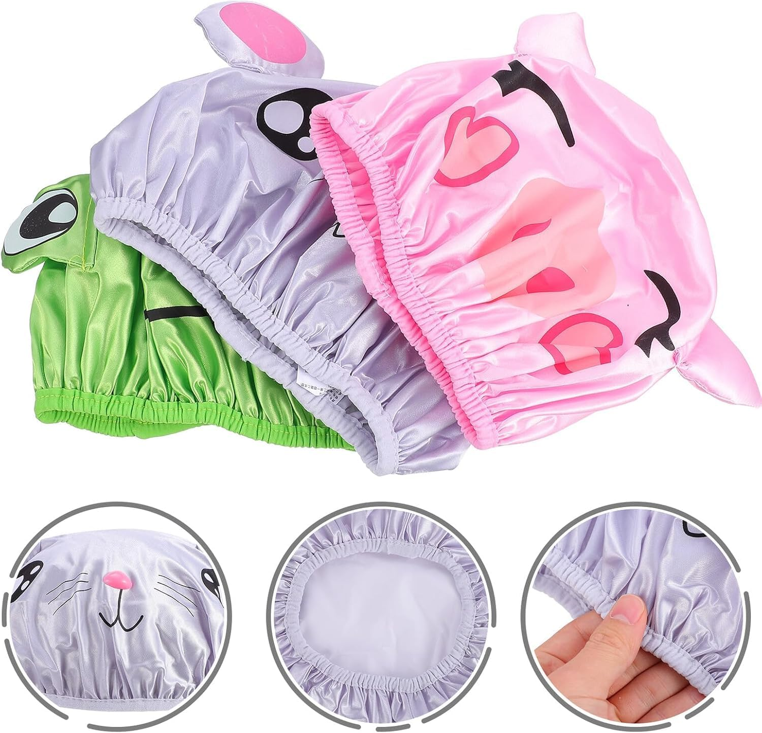 KFPPLXQ Cute Animal Design Shower Caps, 3-Pack Waterproof Reusable Hair Cover, Pink, Green, Grey, 10.2 Inch image number 2