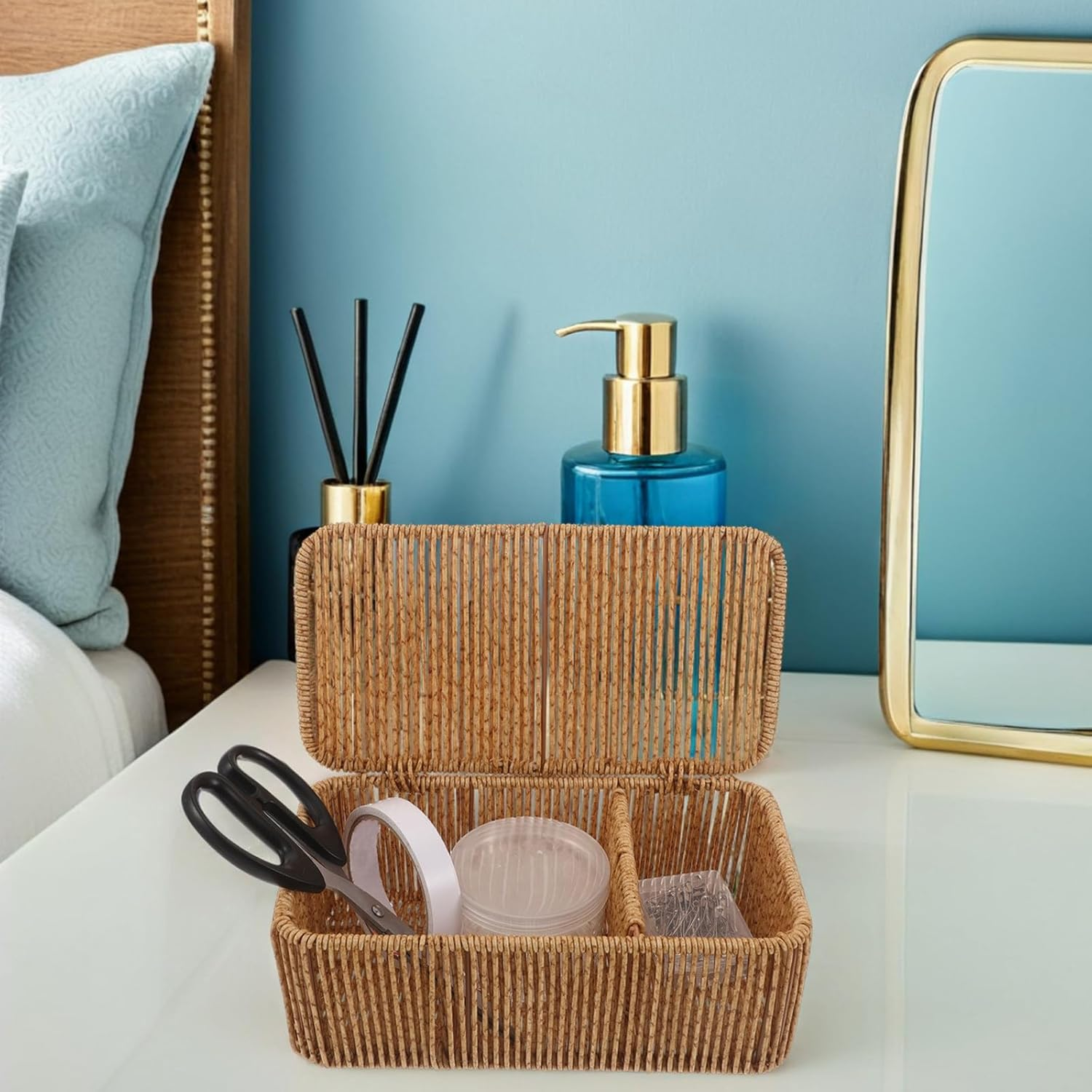 PAMINGONO Small Rectangular Rattan Storage Basket with Lid, Woven Desktop Organizer Box with 2 Dividers, Dustproof Makeup and Cosmetic Storage for Bedroom and Bathroom Shelves image number 5