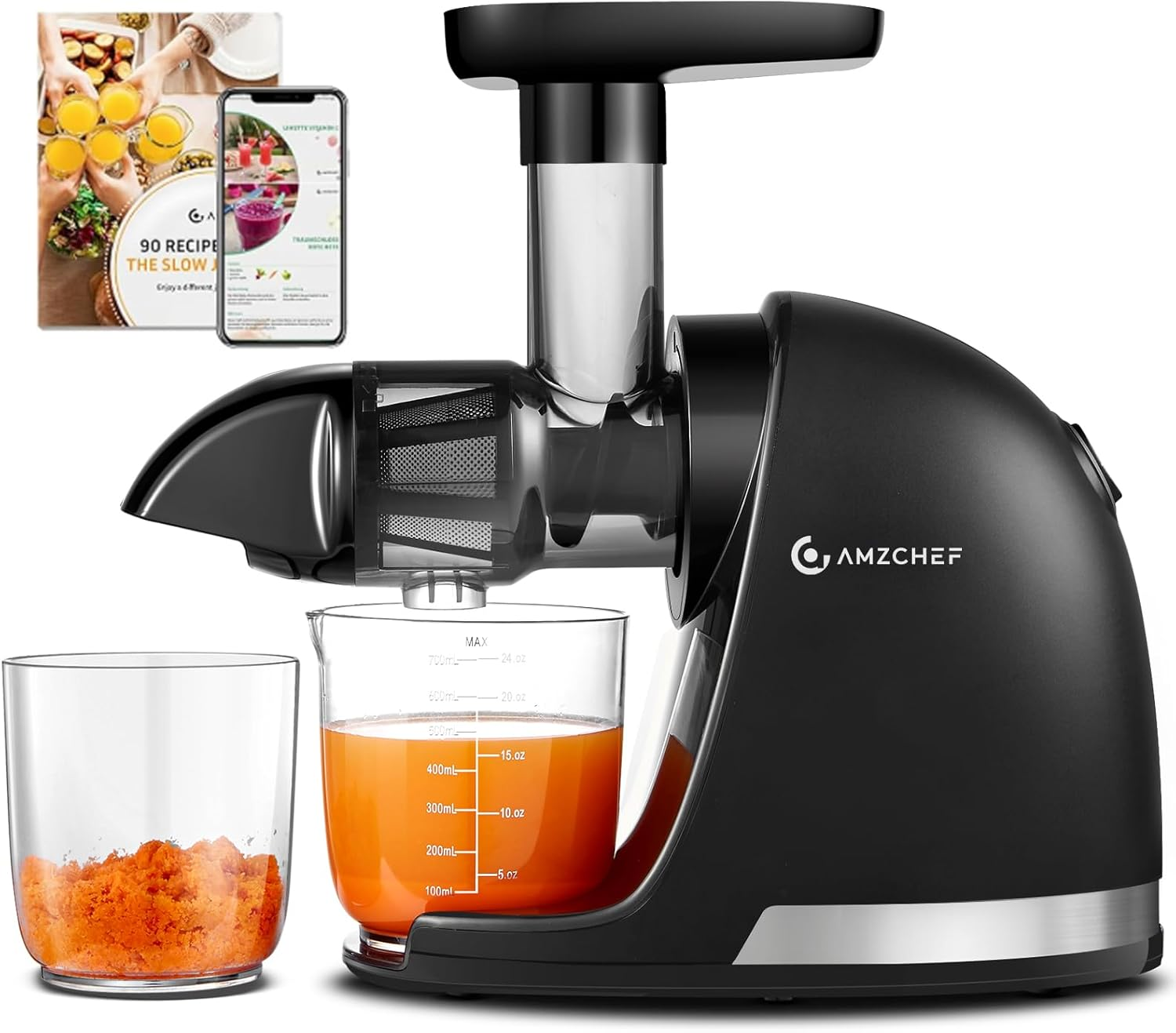 AMZCHEF Cold Press Juicer for Whole Fruits and Vegetables,Masticating Slow Juicer Machines with Reverse Function, High Juice Yield, Easy to Clean, BPA Free Juice Extractor with 2 Cups and Brush，Gray