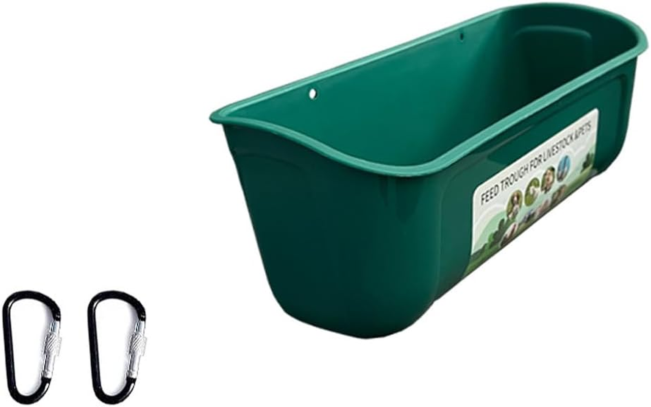 AIMALL Large Hanging Fence Feed Trough for Chicken Duck Goose Goat, Outdoor Livestock Feeder Tub with Carabiners, 11.7X4.9X5.1In