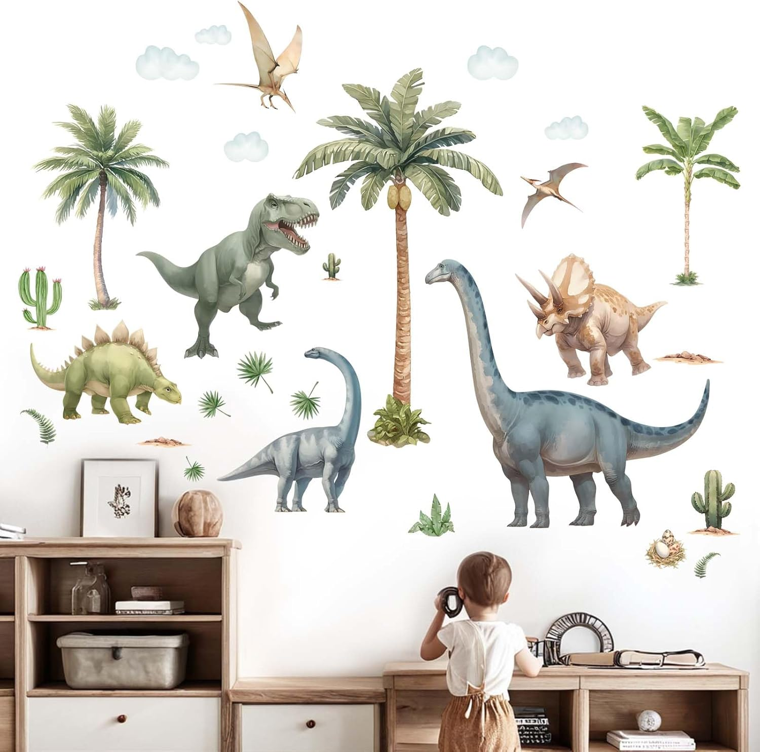 Amimagen Large Dinosaur Wall Decals - Tropical Palm Tree Leaf Dino Wall Stickers - Nursery Kids Baby Boys Room Daycare Playroom Classroom Wall Decor image number 3